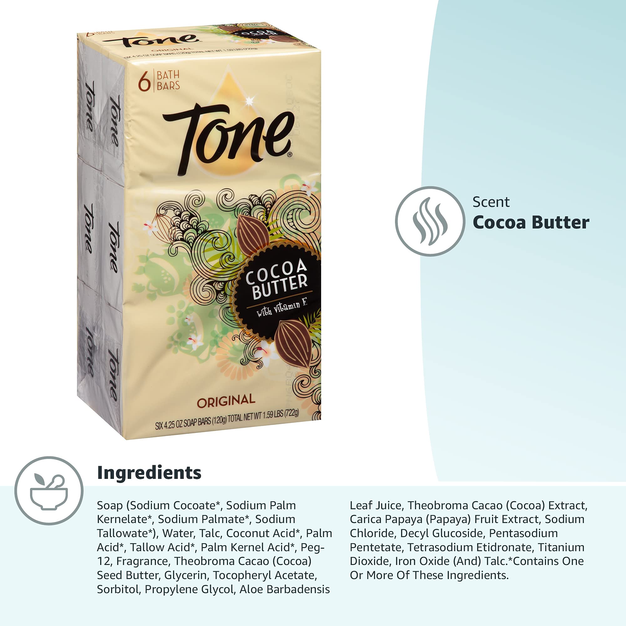 Tone Bath Bars with Cocoa Butter and Botanicals, Original Scent, 6 Bar- 4.25 oz bars Total 722g by Tone