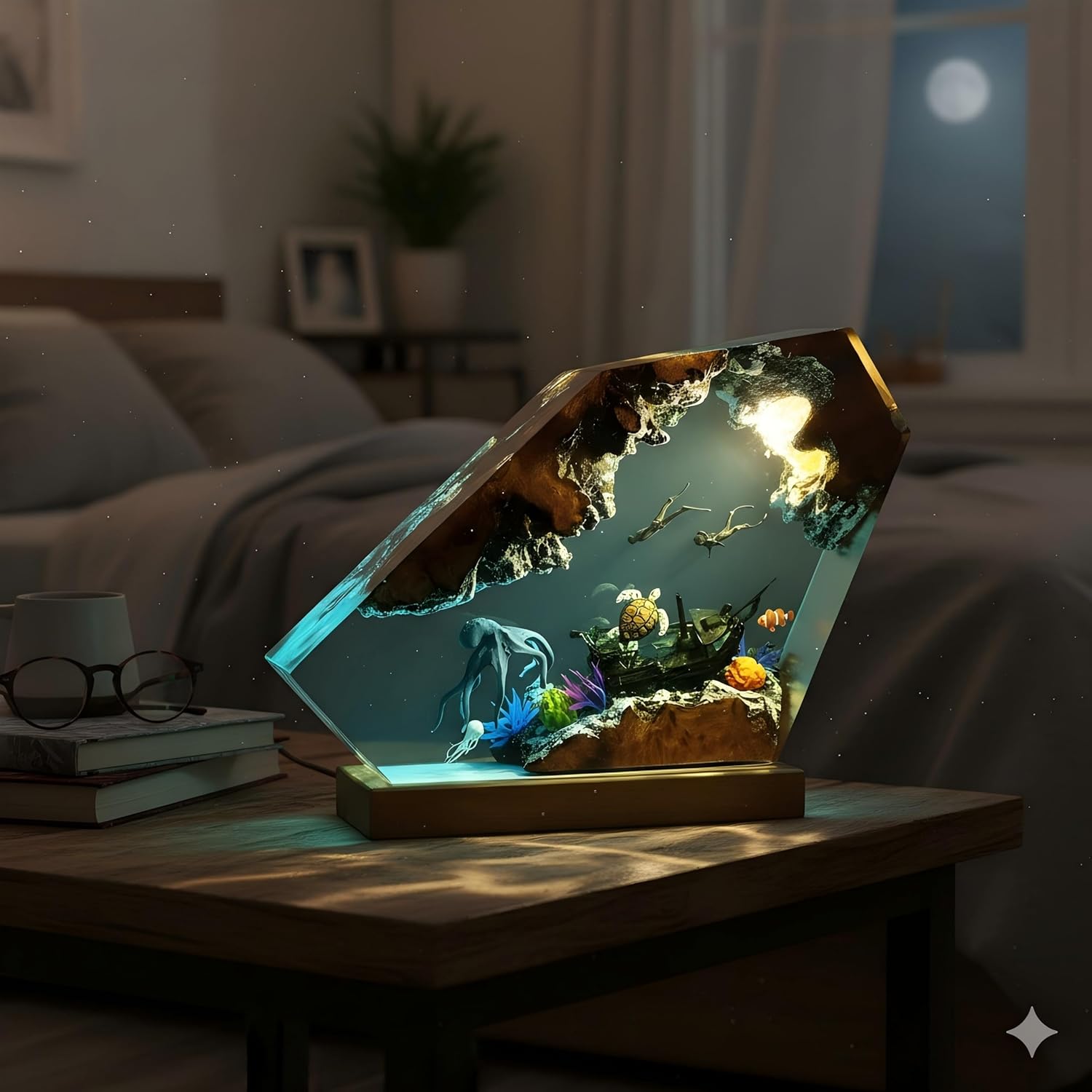 Handmade Ocean Resin Night Light 7-Color LED Lamp with Remote, Epoxy Resin Wood Lamp for Bedroom Decor & Desk, Romantic Valentine’s Day Gift for Her, Men's Office Decor (Octopus, Small)