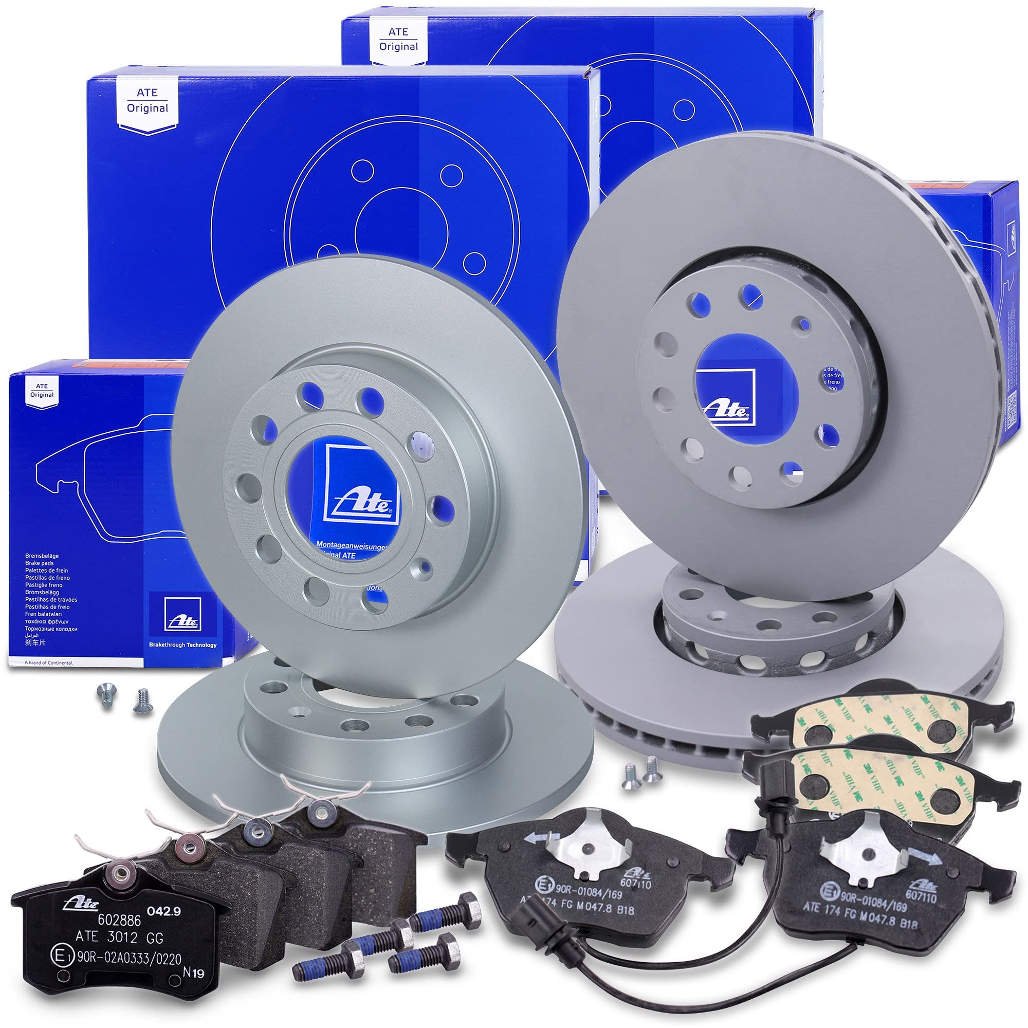 ATE Set freni + dischi freno anteriori ¯ 288 mm ventilati + posteriori ¯ 245 mm pieni e pastiglie freno anteriori + posteriori e contatto di usura Compatibile con AUDI A4 B6, SEAT EXEO (3R2) (3R5)