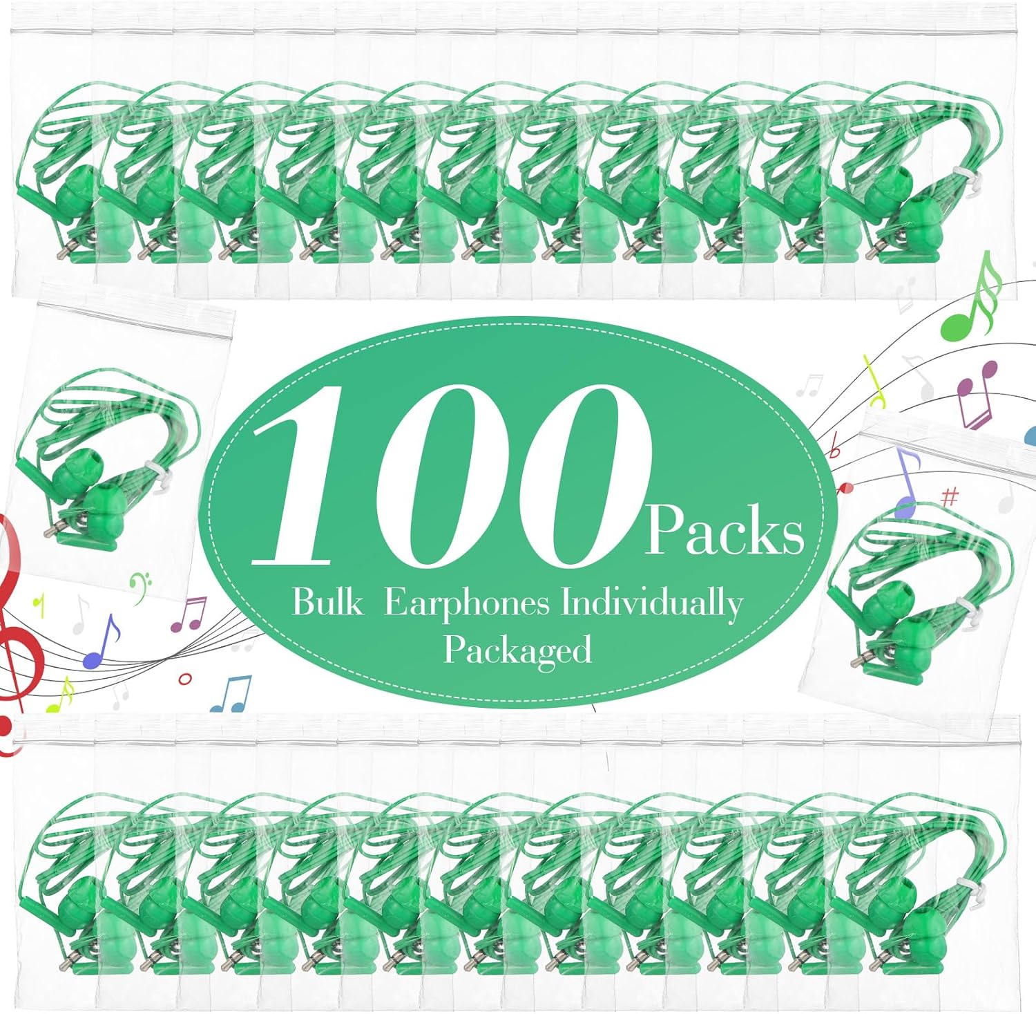 Kanayu 100 Packs Earbuds Bulk Basic Student Earphone Individually Bagged 3.5 mm Headphones for Schools Classrooms Library Teens Gift(Green)