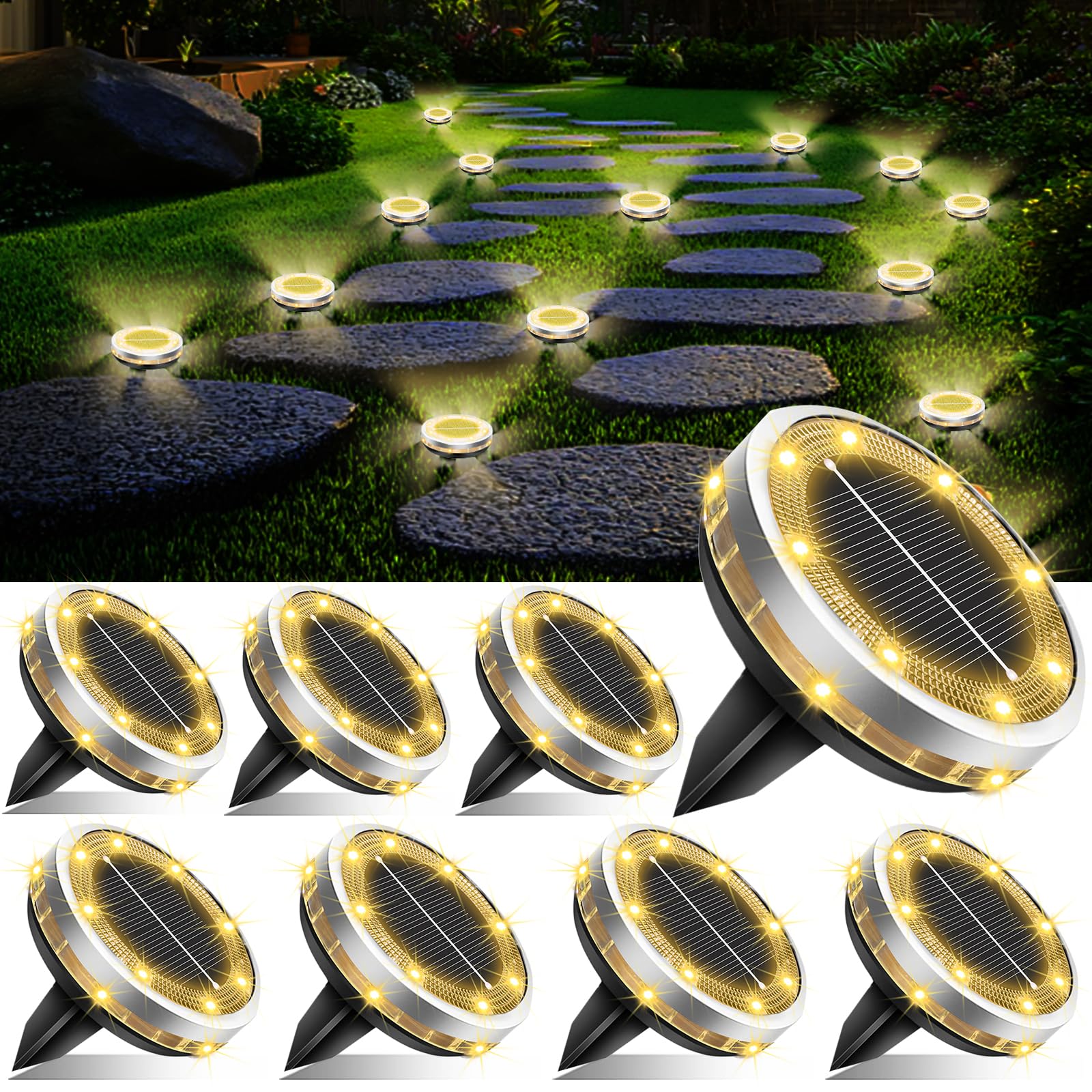 Bzavor Set of 8 Solar Ground Lights, 8 LED Outdoor Garden Outdoor Waterproof IP65 Solar Light