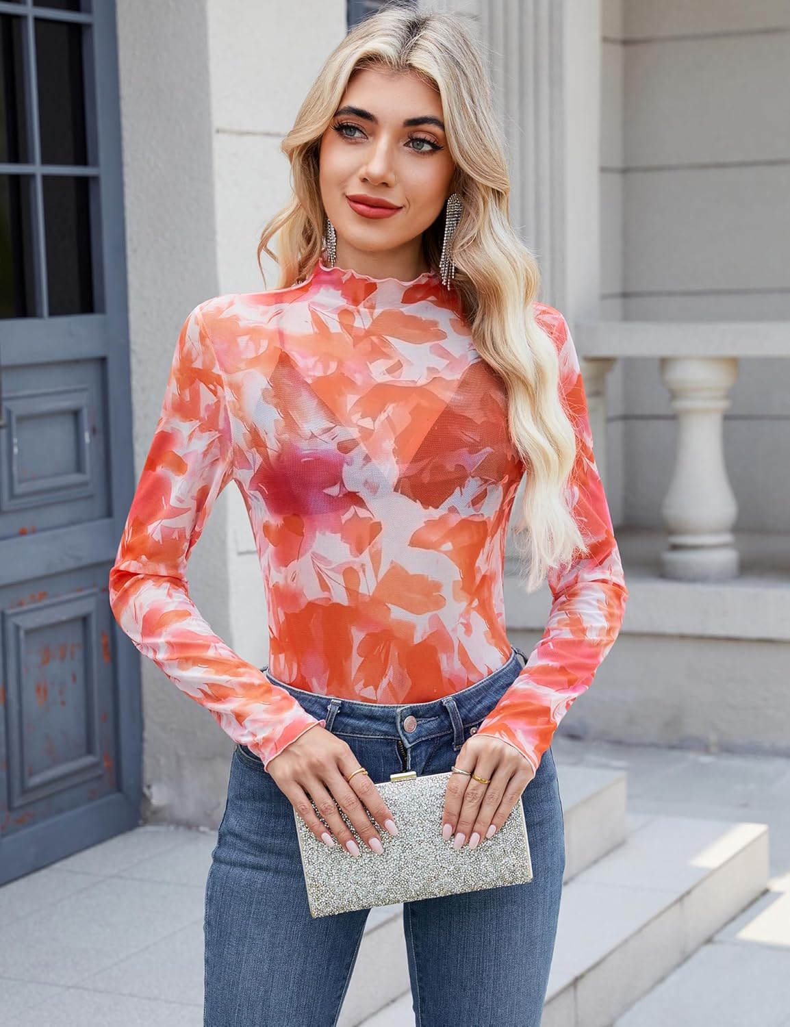 BBX Lephsnt Womens Sheer Mesh Layering Top Sparkle Long Sleeve Shirts Mock Neck See Through Tee Shirt - Image 3