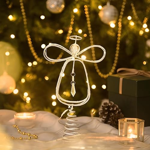 Miniatura 19 de Valery Madelyn Decoración para árbol de Navidad iluminado con temporizador, adorno de ángel pequeño de metal dorado preiluminado de 12 pulgadas