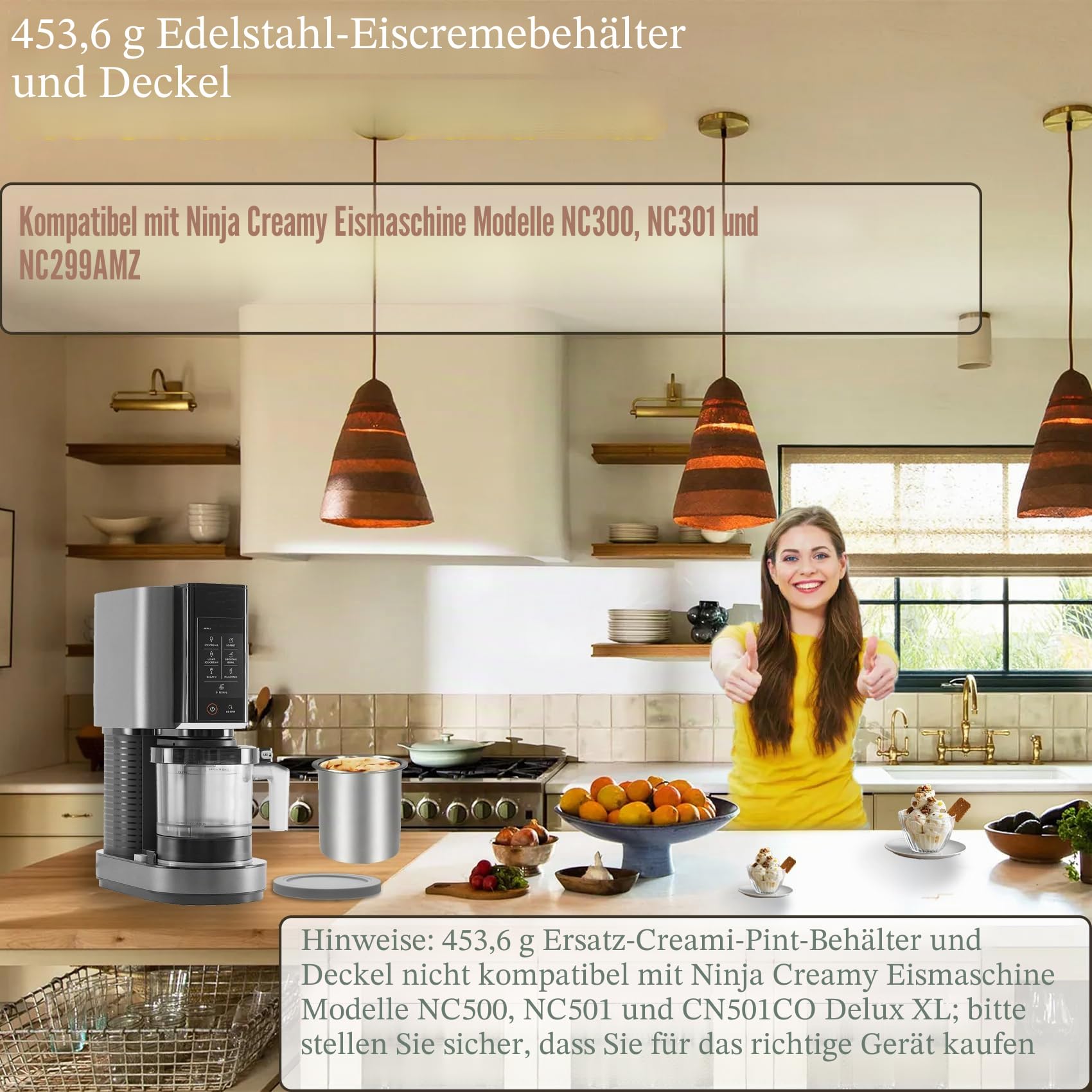 473 ml Edelstahl-Pint-Behälter und Deckel, kompatibel mit Ninja Creami NC300, NC301, NC299AMZ, CN301CO Serie, 4 Stück mit Silikondeckel, BPA-frei, spülmaschinenfest, 5 Jahre Garantie