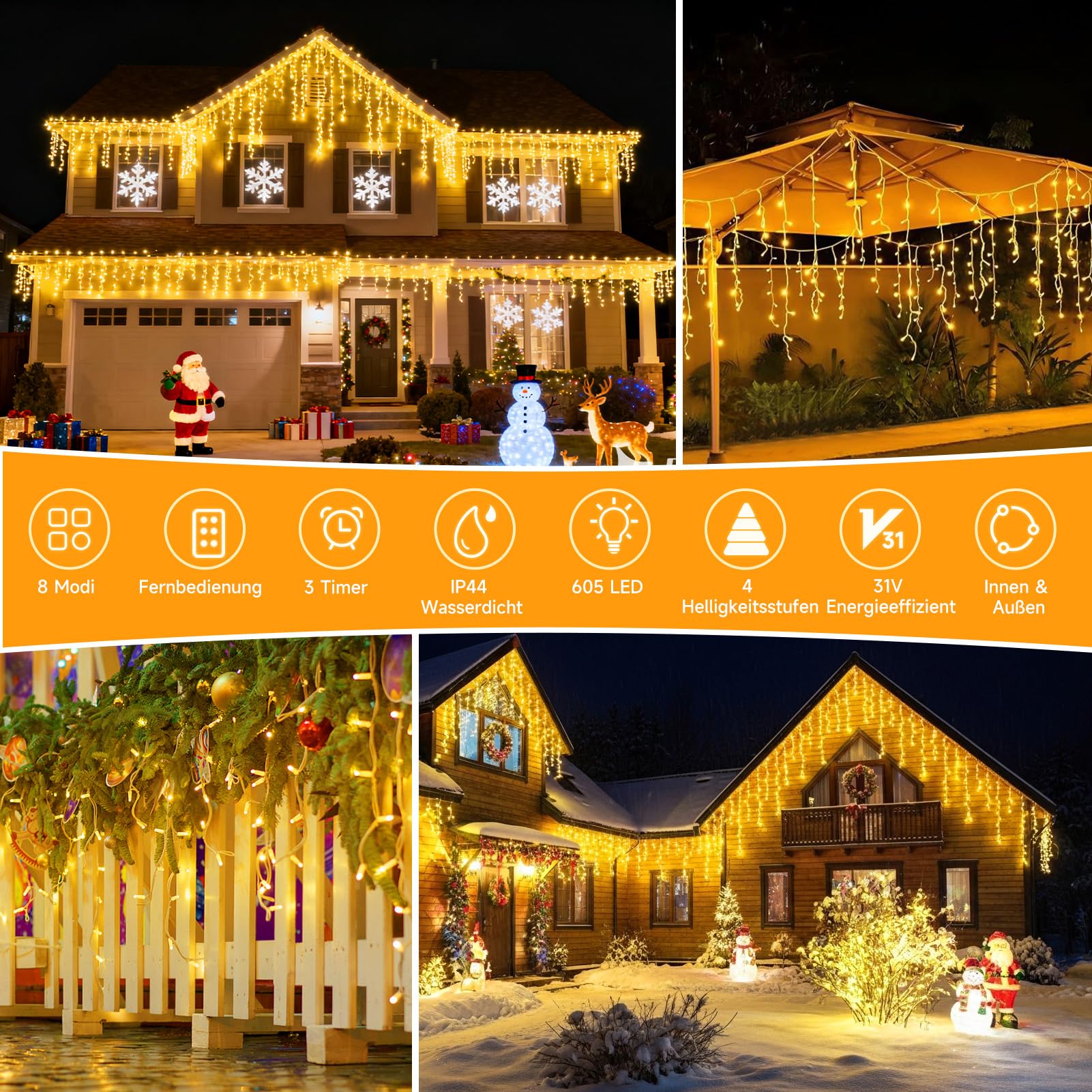 WOWDSGN LED Eisregen Lichterkette Außen, 20M 605LED Lichterkette Außen Weihnachten mit Timer,8 Modi IP44 Wasserdicht, Lichtervorhang Aussen für Weihnachtsdeko Aussen Innen Balkon Party Traufe Warmweiß
