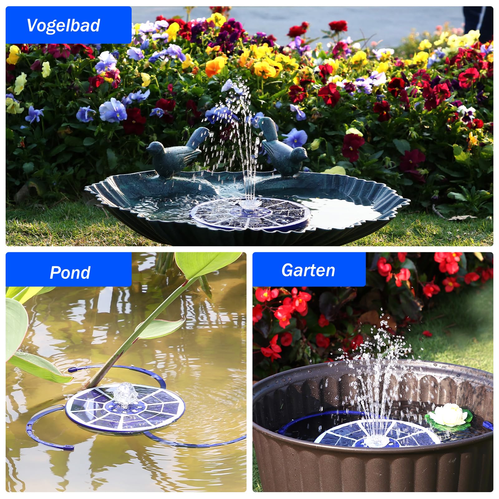 AISITIN LED Solarbrunnen für Draussen Verbessert mit 3000mAh, 3,5W Solar Schwimmender Fontäne Pumpe mit Verschiedene Sprüh Effekten, Solar Springbrunnen für Außen mit Blau Glasscheibe für Garten,Teich