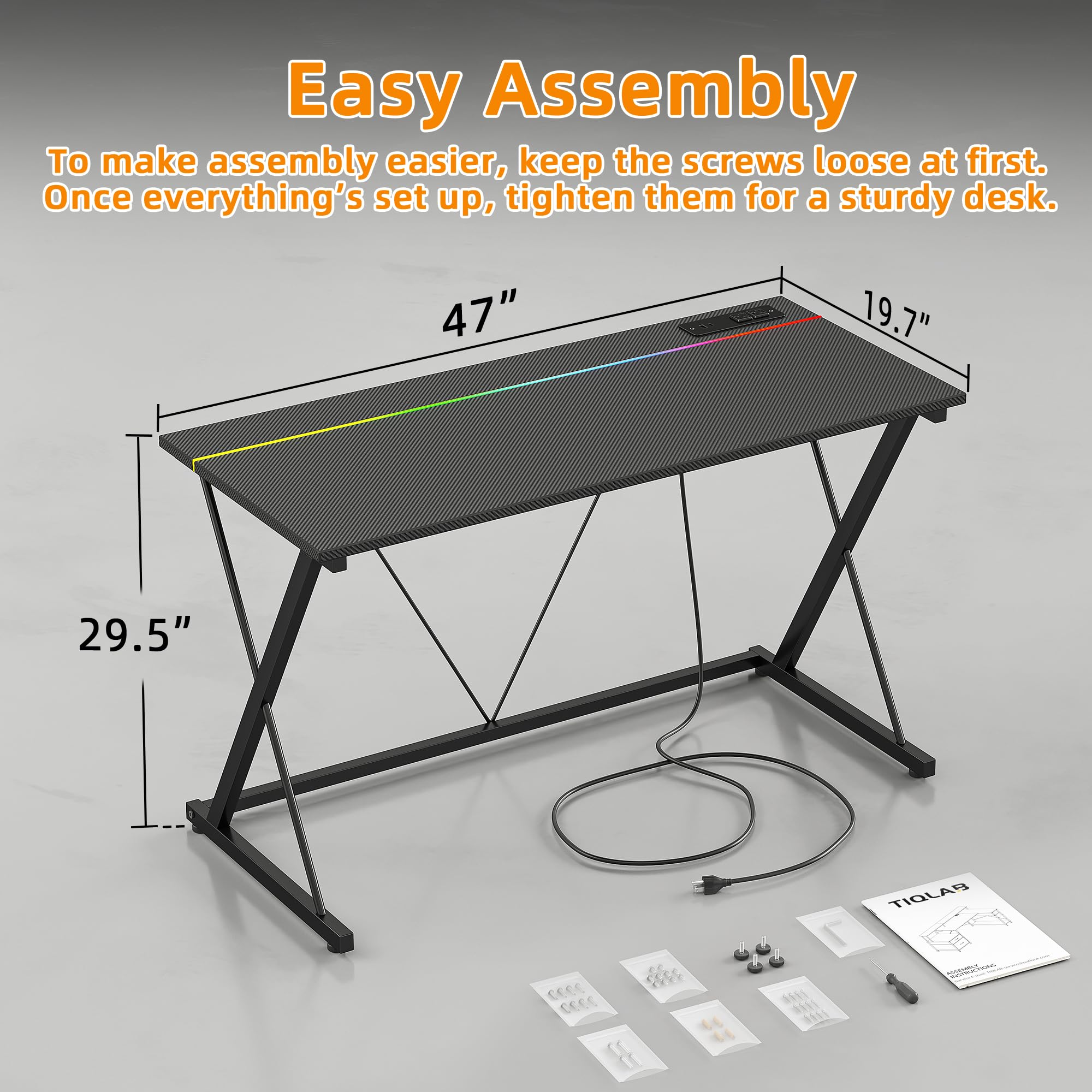 TIQLAB Gaming Desk with Power Outlets & LED - 47 Inch Ergonomic Carbon Fiber Surface Gamer Desk for PC Workstation, Bedroom or Kids, Black