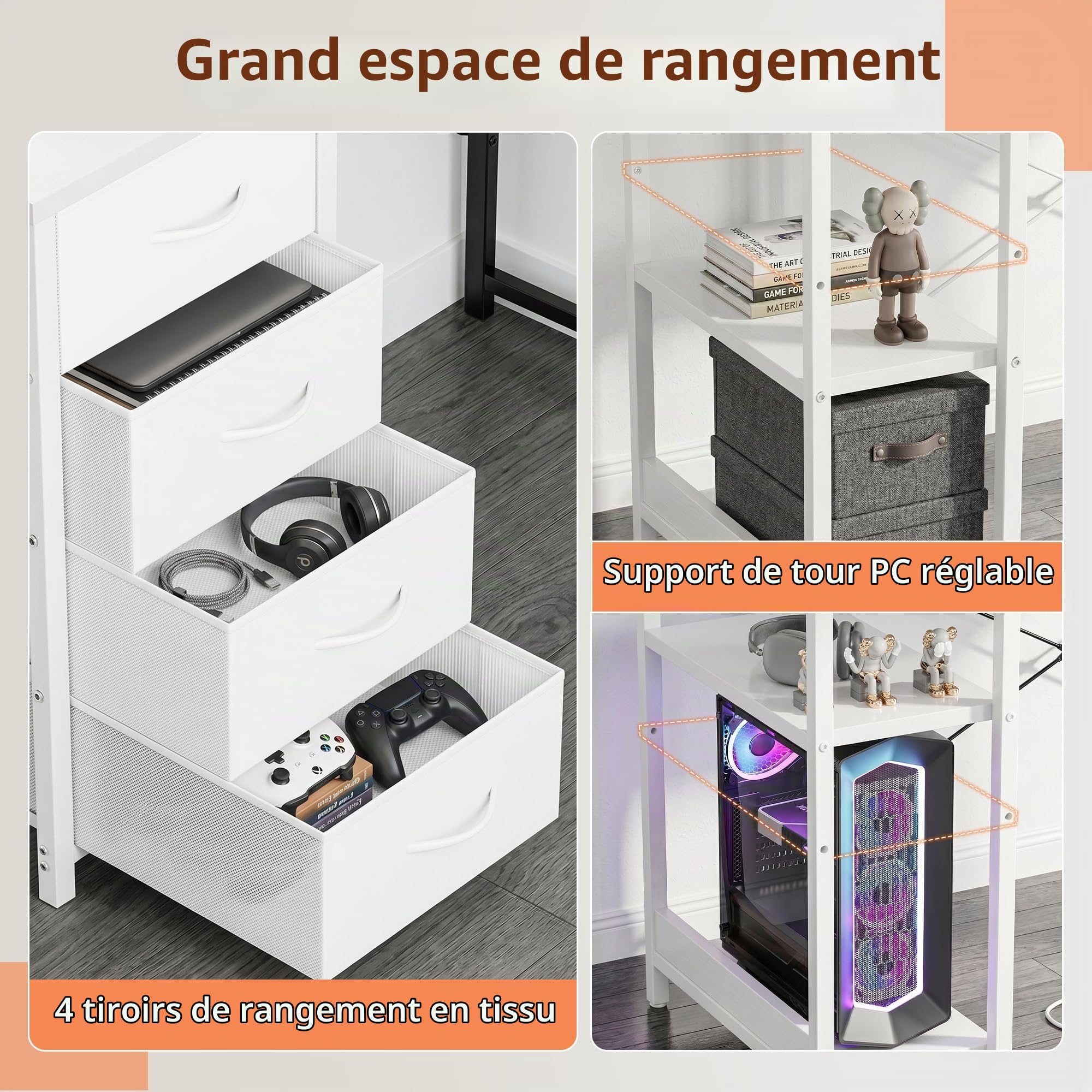 YOUDENOVA Bureau avec 4 Tiroirs, 142 × 107 cm, Bureau d'angle Réversible avec LED et Prise, Bureau Gaming en L avec Support pour Moniteur, Bureau avec Rangement pour Home Office et Gamer, Blanc
