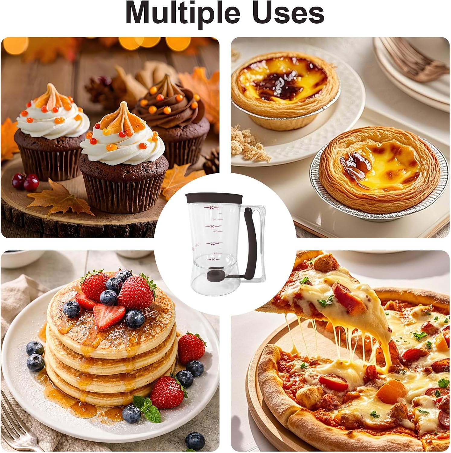 Upgrade Pancake Batter Dispenser 900ml, Measuring Batter Separator with Handle & Lid for Cupcake Muffin Baking (coffee)