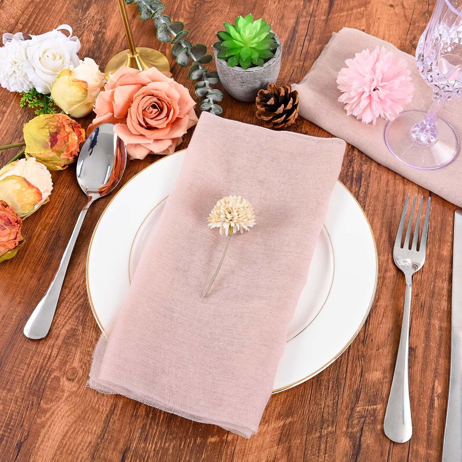 Dusty Pink Cheesecloth Napkins - Bulk Set of 100, 20x20 Inch Washable and Reusable Boho Cotton Gauze Cloth Napkins for Weddings, Bridal Girl Baby Shower, Party and Banquet