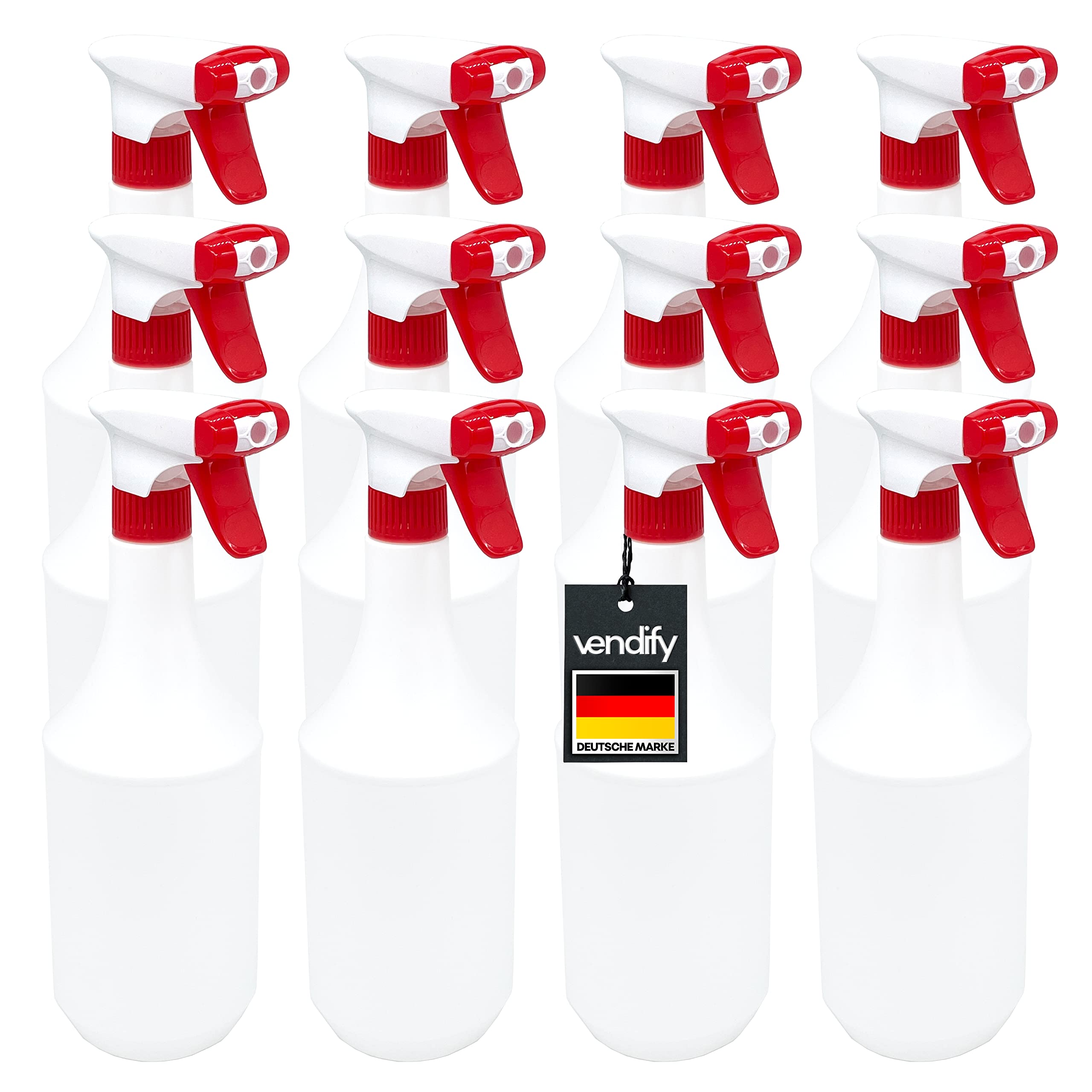 Sprühflasche 1 Liter / 1000 ml mit Schaum Düse - Leer ohne Label - Premium Qualität - 1l groß nachfüllbar Spray Bottle Fein Zerstäuber für Reinigungsmittel (12 Sprühflaschen)