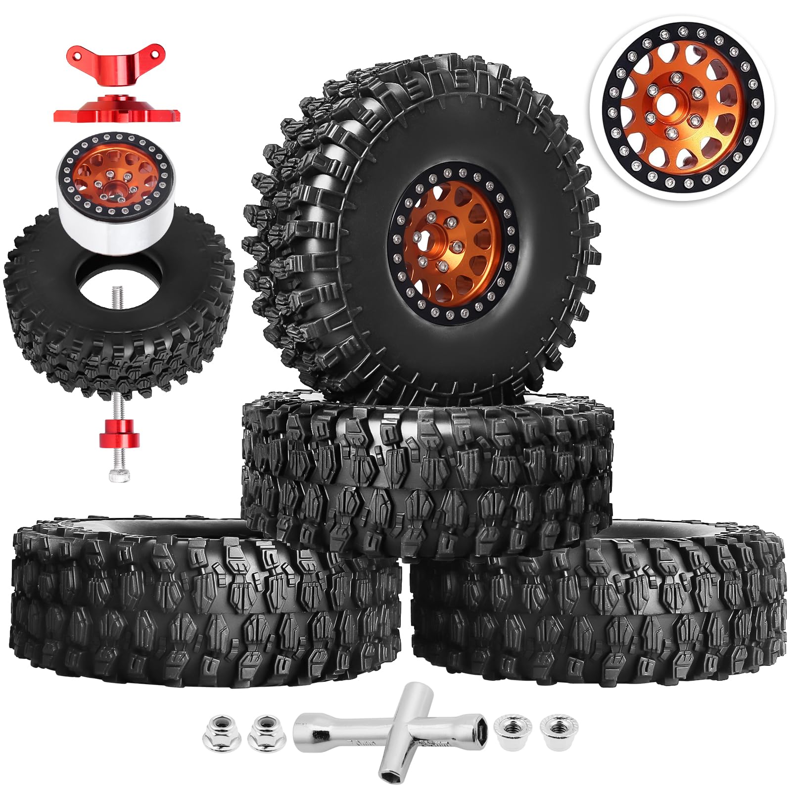 HobbyPark 1.9 Beadlock Wheels and Tires 120mm / 4.72inch Height with Mounting Tool for Traxxas TRX4 Axial SCX10 II III Redcat Gen8 Gen7 12mm Hex 1/10 Crawler Upgrades, 4-Set (Orange&Black)