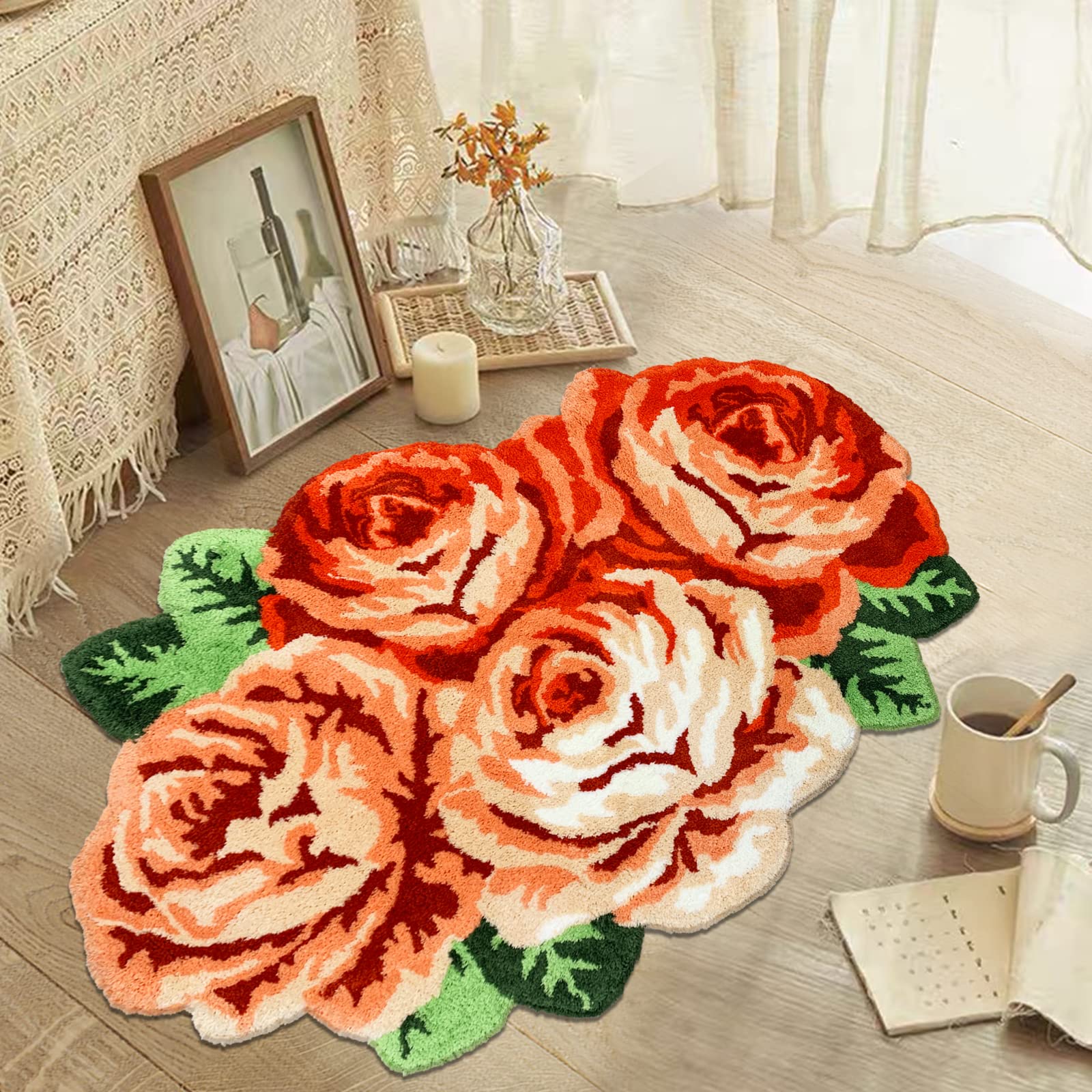 USTIDE Rose Rug Orange Handmade Bathmat Floral Rug Washable Non-Slip Floor Rustic Rose Thick Soft Carpet for Bathroom Bedroom Doormat Entry, 2x4Ft