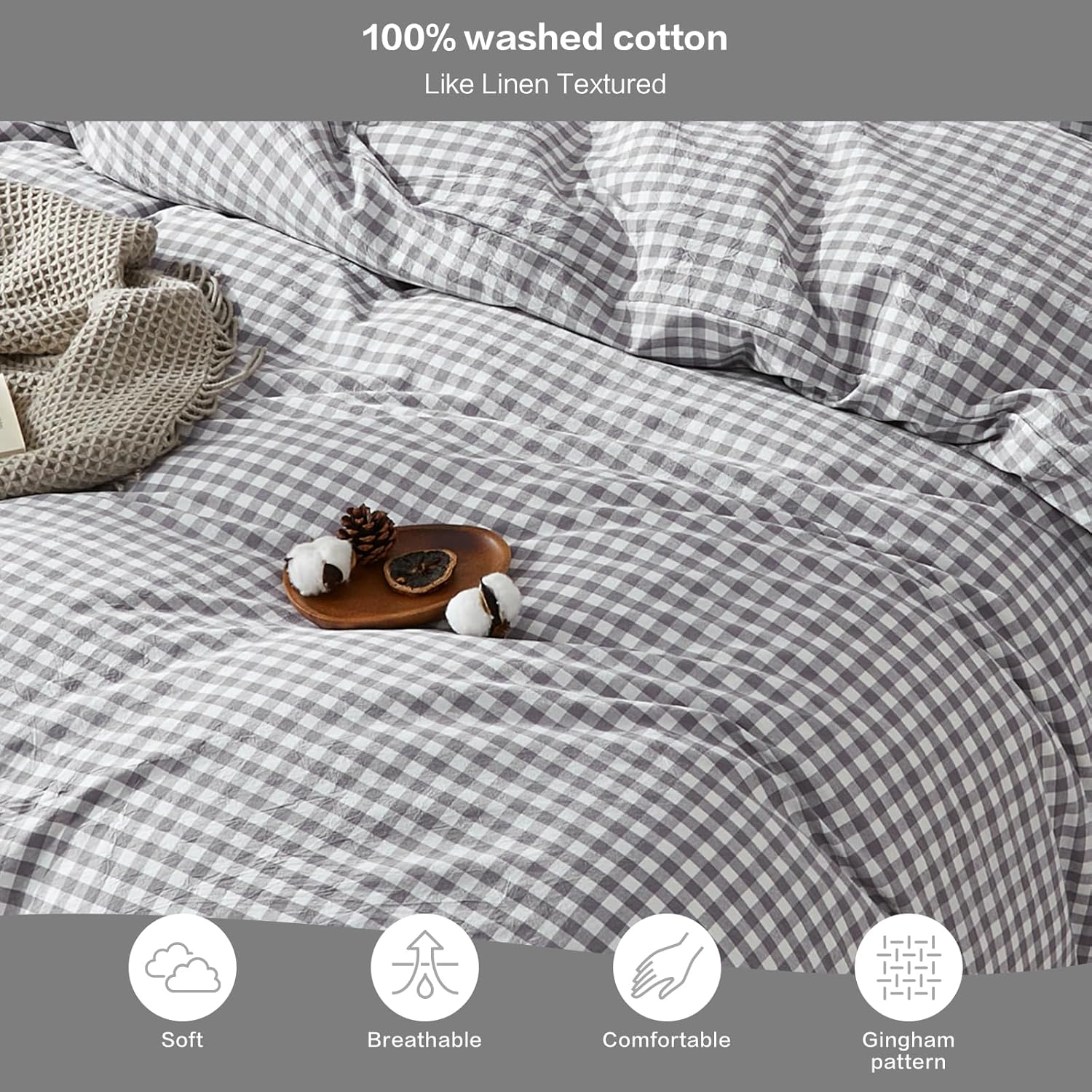 SAPHREAS Gingham Duvet Cover Set Queen Size, 100% Washed Cotton Linen Like Plaid Comforter Cover with Zipper Closure & Corner Ties (No Comforter), 90x90 Grey