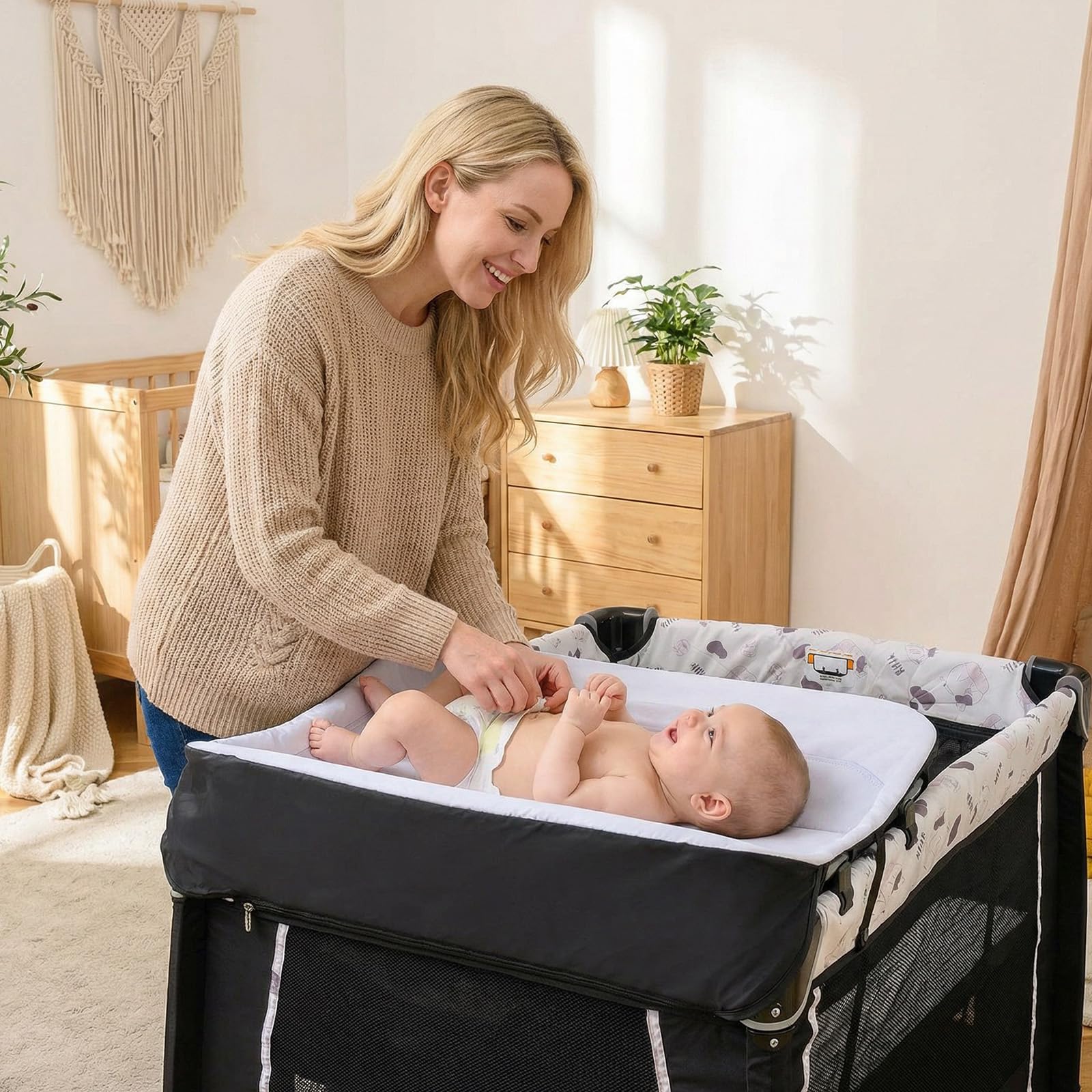 RELAX4LIFE 5 in 1 Culla Neonato con Materasso Sottile, Lettino da Campeggio per Bambini con Fasciatoio e Tettoia, Lettino da Viaggio con Ruote, 2 Giocattoli Appesi, per Bambini 0-3 Anni (Beige)