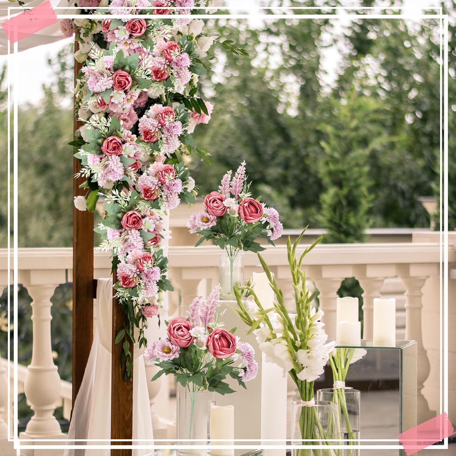 Zeyune 8 Pcs 13.4 Inch Artificial Flowers Bouquet Fake Silk Flowers Faux Bouquet Hydrangea Bouquets for Mother's Day Wedding Birthday Table Centerpieces Home Office Decoration(Bean Paste Pink,Rose)