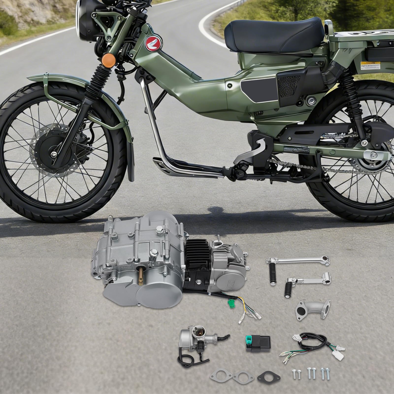 Silnik o pojemności 125 cm³ o mocy 6,5 kW, silnik benzynowy z 4-biegową skrzynią biegów, silnik czterosuwowy z rozrusznikiem nożnym, silnik motocrossowy 8,0 Nm, agregat napędowy o wytrzymałej