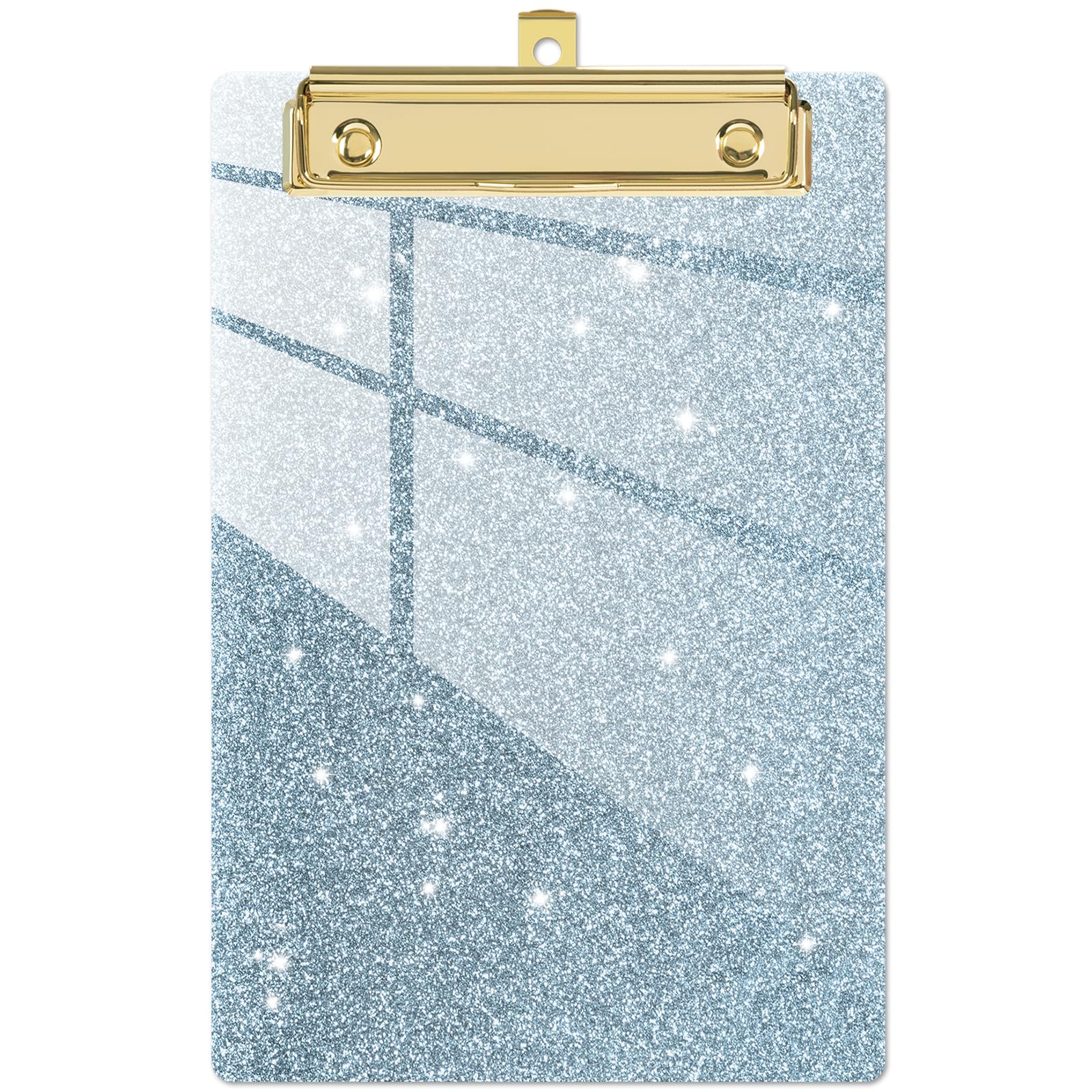 Piasoenc Acrylic Small Clipboard, Fashion Glitter Clip Board with Low Profile Gold Clip, Cute Confetti Board for Kids, Students, Teacher, Woman, Artist, A5 Letter Size 6 x 9 in, Ice Blue