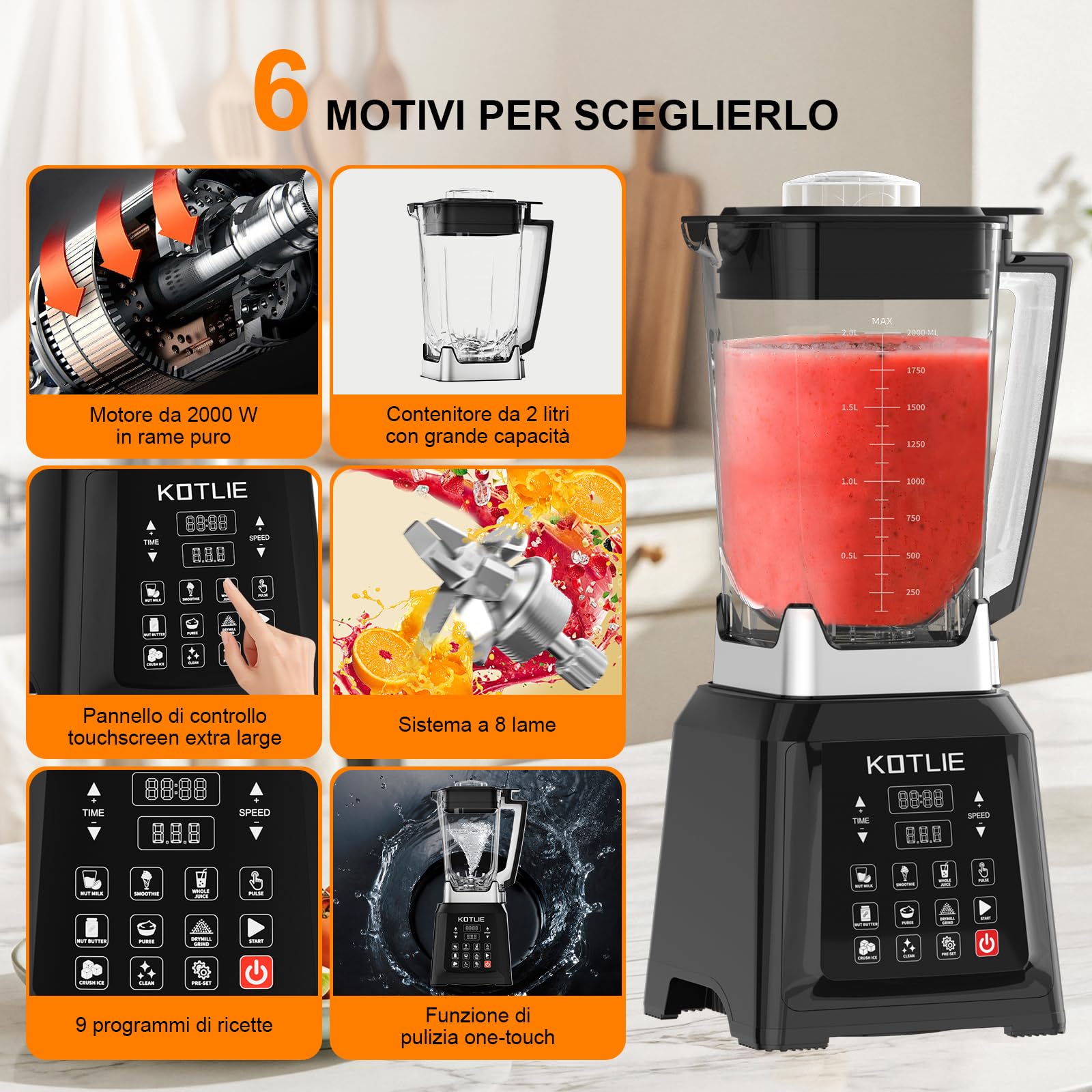 KOTLIE NY-8088EJA - Frullatore da Tavolo 2L, 7 Funzioni, Autopulente (Senza Riscaldamento)