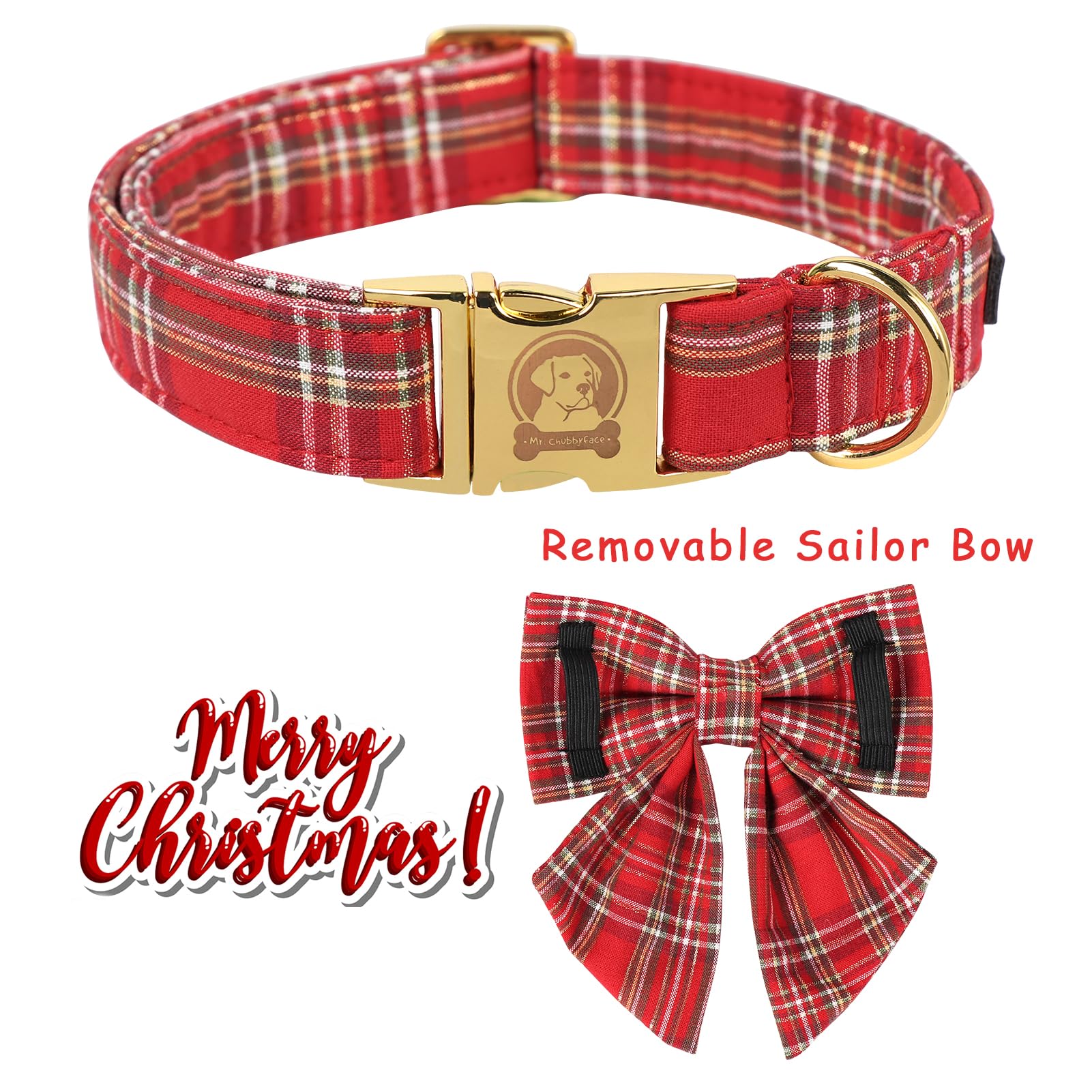 Collar de perro a cuadros rojos y dorados de Navidad MR. CHUBBYFACE collares de perro con lazo marinero para cachorros pequeños, medianos y grandes