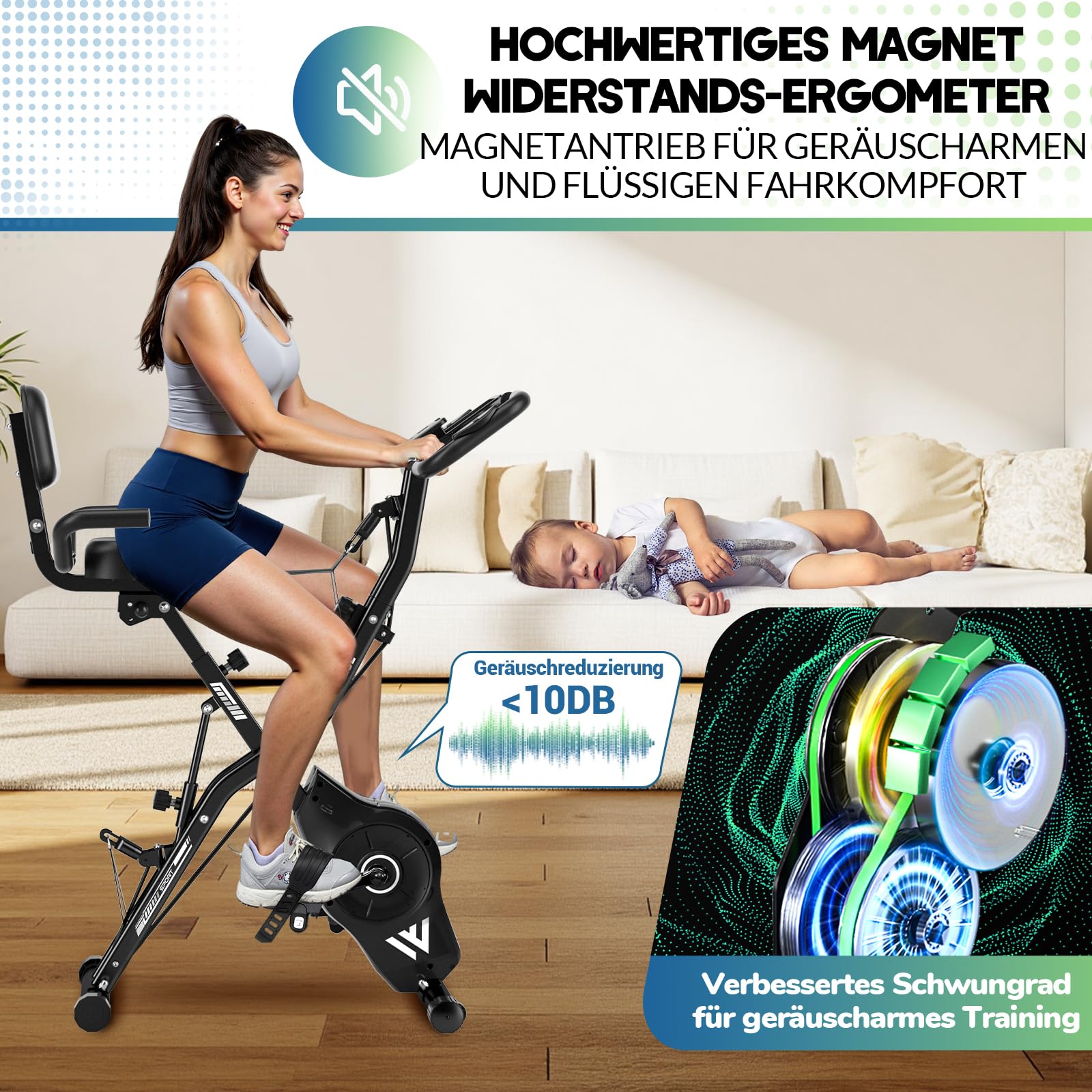 Heimtrainer Fahrrad Klappbar, SLUNSE FITNESS Neu Hometrainer Fahrrad mit 16-stufiger Magnetwiderstand, Ergometer Heimtrainer mit 10dB extra Leise, Indoor Bike für Kardio-Training zu Hause, Bis 160KG