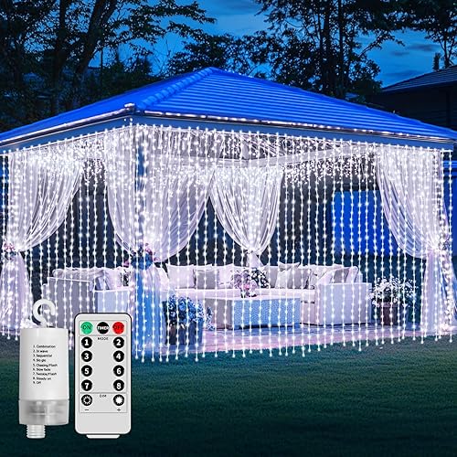 Curtain Lights Battery Powered 10*10Ft 300LED Waterproof Waterfall Light with 8 Modes Remote Dimmable Timer Memory Twinkle Fairy String Lights for Indoor Outdoor Gazebo Wedding Party Pergola Christmas - 300led Cool White
