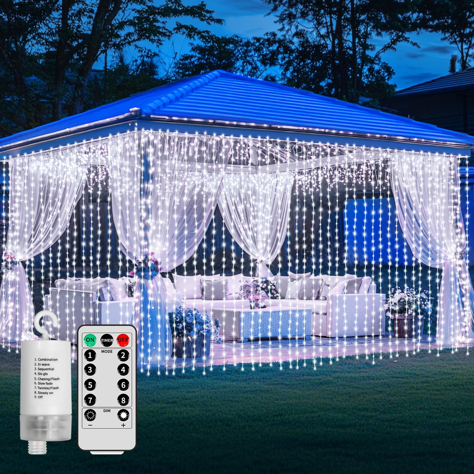 Qlirjad Cool White 300Led Curtain Lights Battery Powered 10*10Ft 300Led Waterproof Waterfall Light With 8 Modes Remote Dimmable Timer Memory Twinkle Fairy String Lights For Indoor Outdoor Gazebo Wedding Party Pergola Christmas