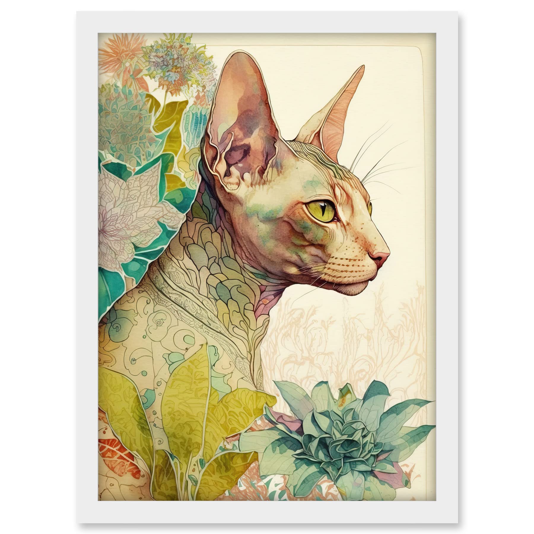 Artery8 Sphynx Cat with Floral Tattoo in Flower Blooms Colourful Modern Watercolour Illustration Artwork Framed A3 Wall Art Print