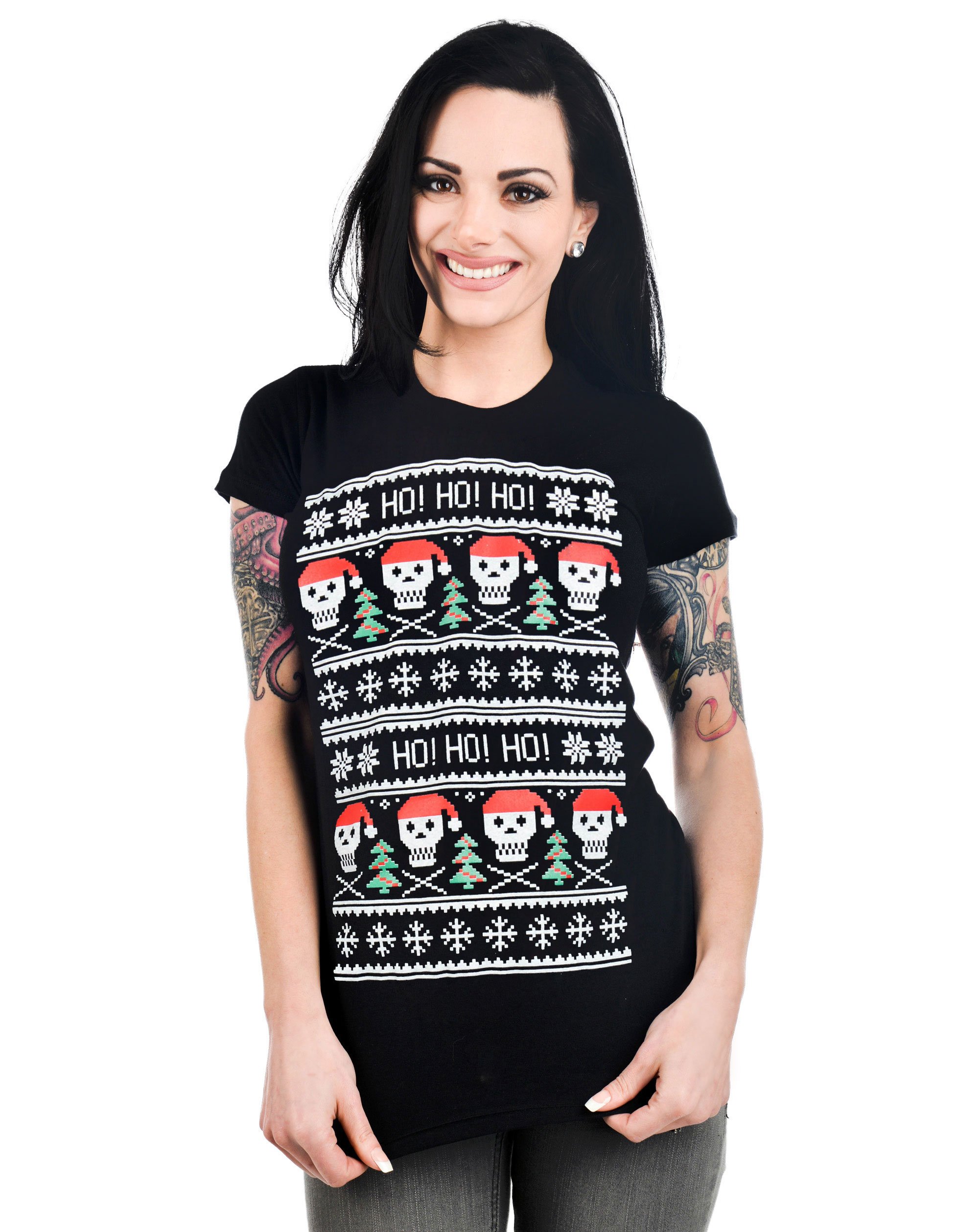 Womens HO HO HO Xmas Christmas Skull Black Babydoll T Shirt