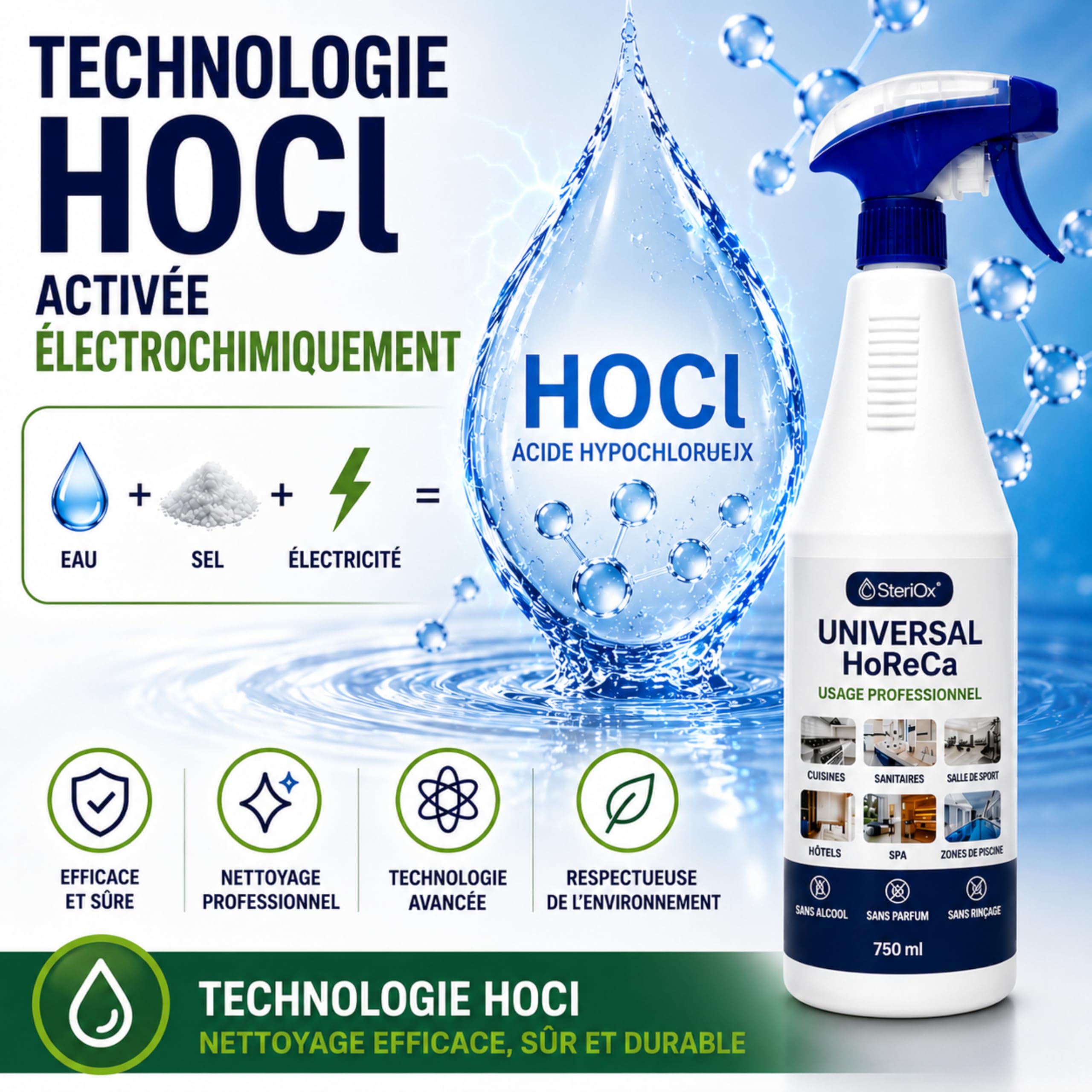 HoReCa 750ml - Nettoyant multi-usages HOCl - Sans alcool | Formule professionnelle prête à l'emploi