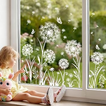 Supzone White Dandelion Flowes Window Clings Spring Summer Wildflower Grass Butterflies Window Decals Double-Sided Anti-Collision Static Stickers for Home Glass Door Decoration
