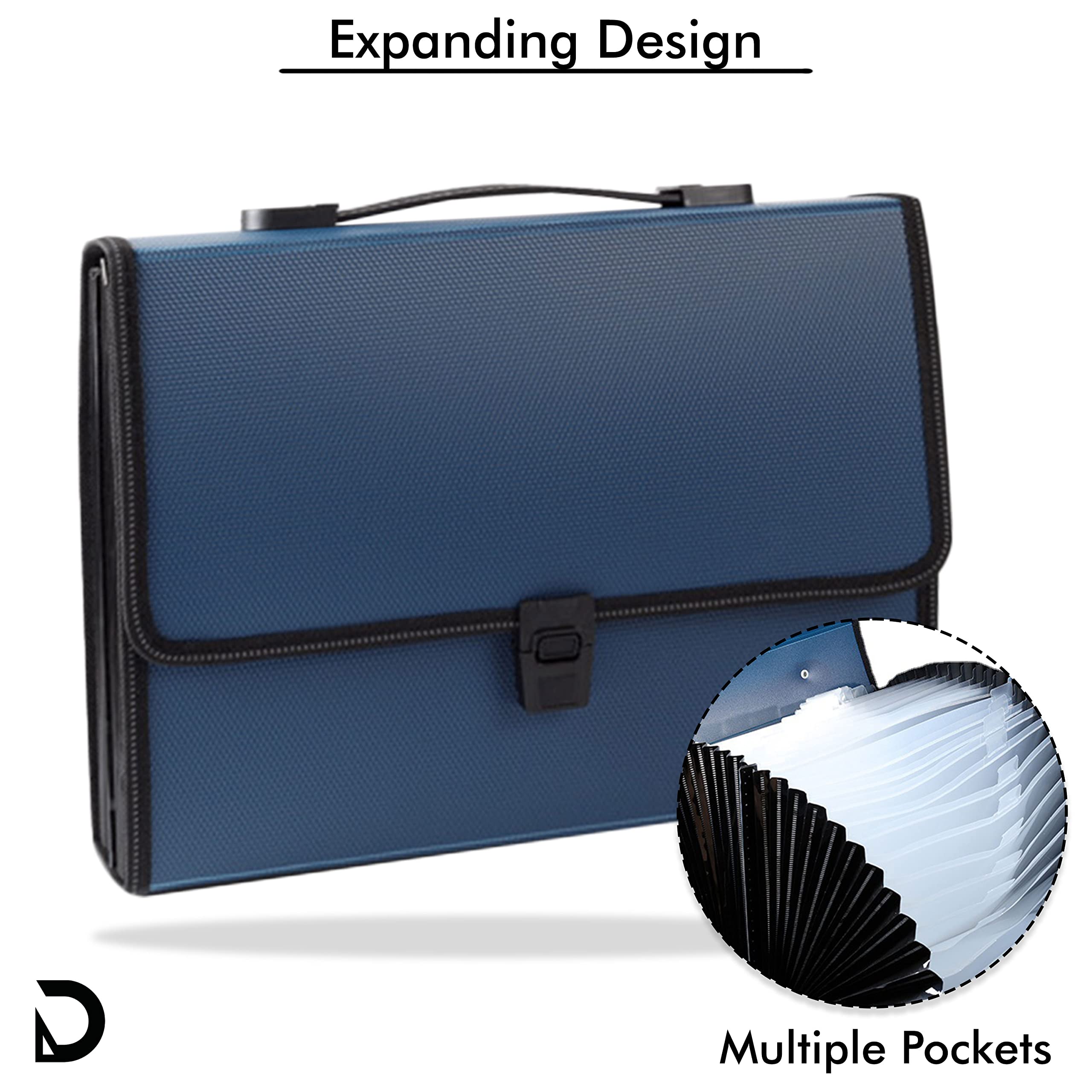 DaKos Cartella portadocumenti espandibile di alta qualità, cartella portadocumenti con impermeabile, formato A4, con 12 tasche con fibbia resistente e manico portatile, per ufficio (blu)