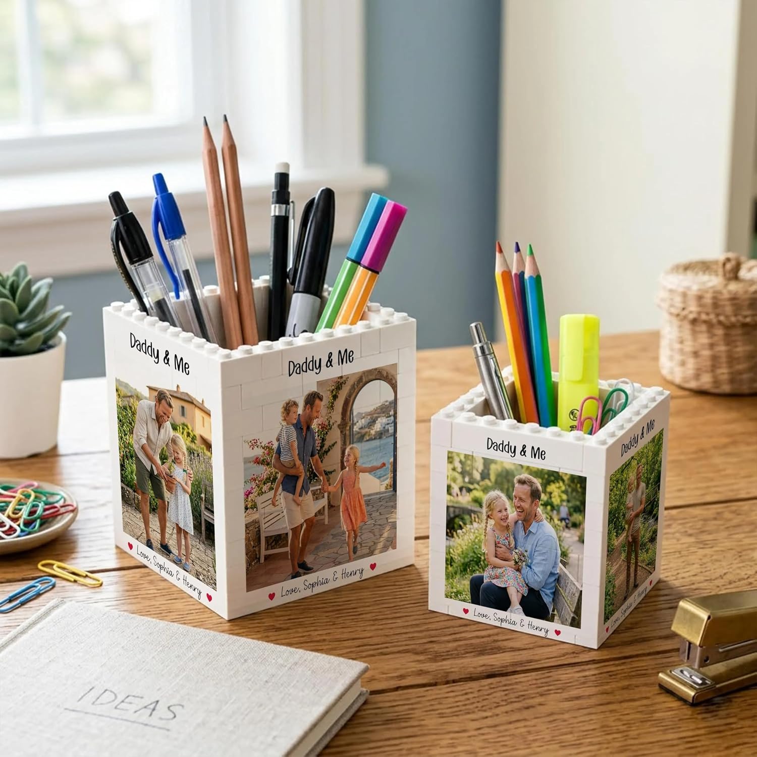 Personalized Daddy & Me Brick Photo Block Pencil Pot, Custom Pen Holder for Desk with Photo, Building Brick Block Puzzle, Gifts for Father from Daughter and Son, Lego for Dad, Father's Day 4