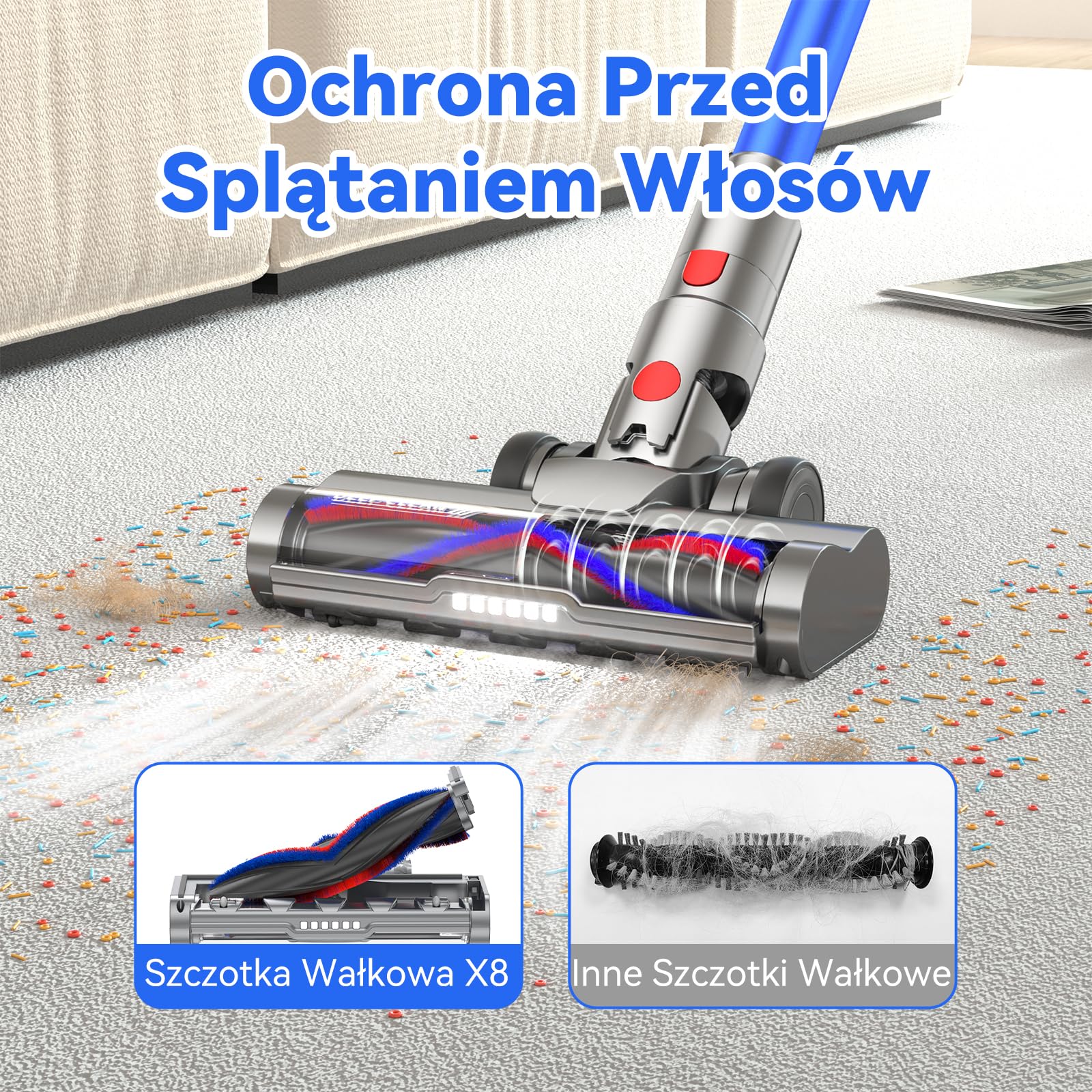X8 Bezprzewodowy Odkurzacz 48Kpa/580W/70 Min, 2026 Mocna Pionowa Miotła Odkurzacz 1,6L/LED Ekran Dotykowy, Szczotka Przeciwko Splątaniu, Vacuum Cleaner do Podłóg/Dywanów/Włosów Zwierząt