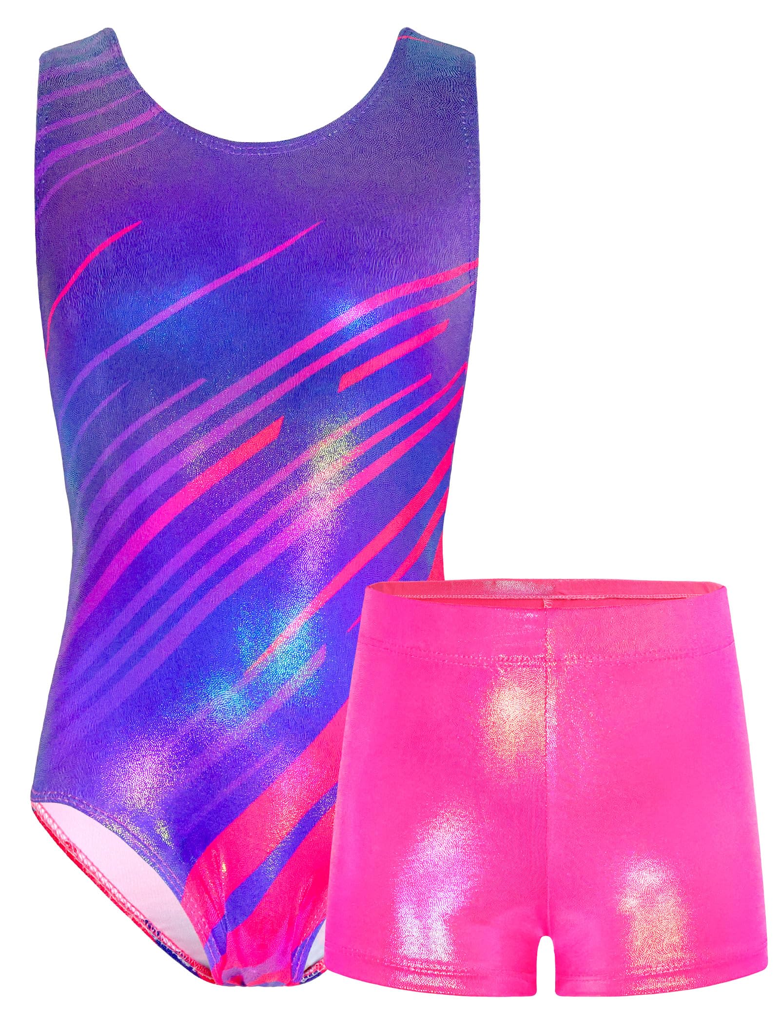TENVDA Gymnastics Leotards for Girls 5-12 Years Old Sparkly Dance Tumbling Outfit Matching Shorts Set