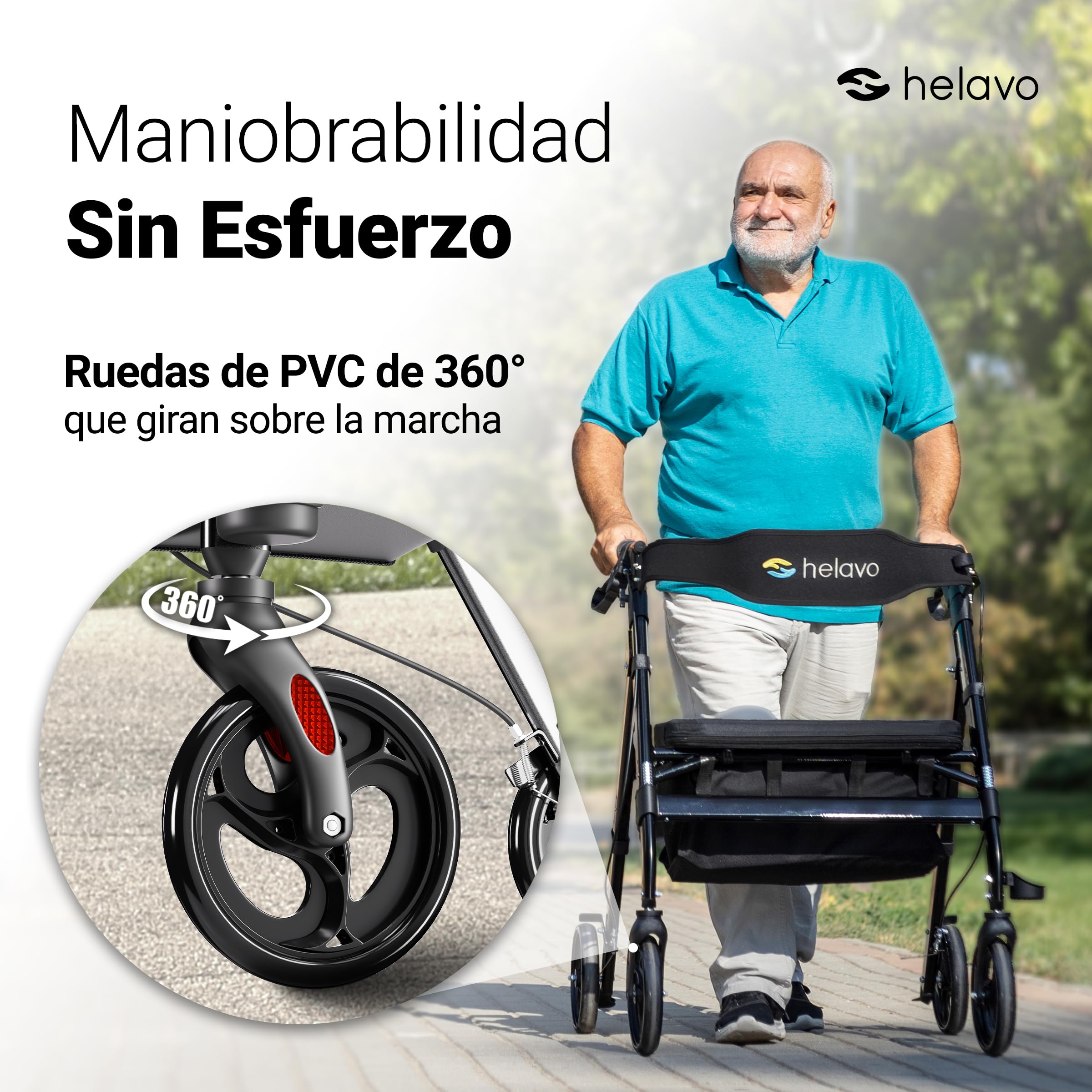 HELAVO andador para ancianos extra ancho con asiento grande y regulable en altura - Rollator plegable de gran resistencia fabricado en aluminio - Capacidad de carga de hasta 226 kg
