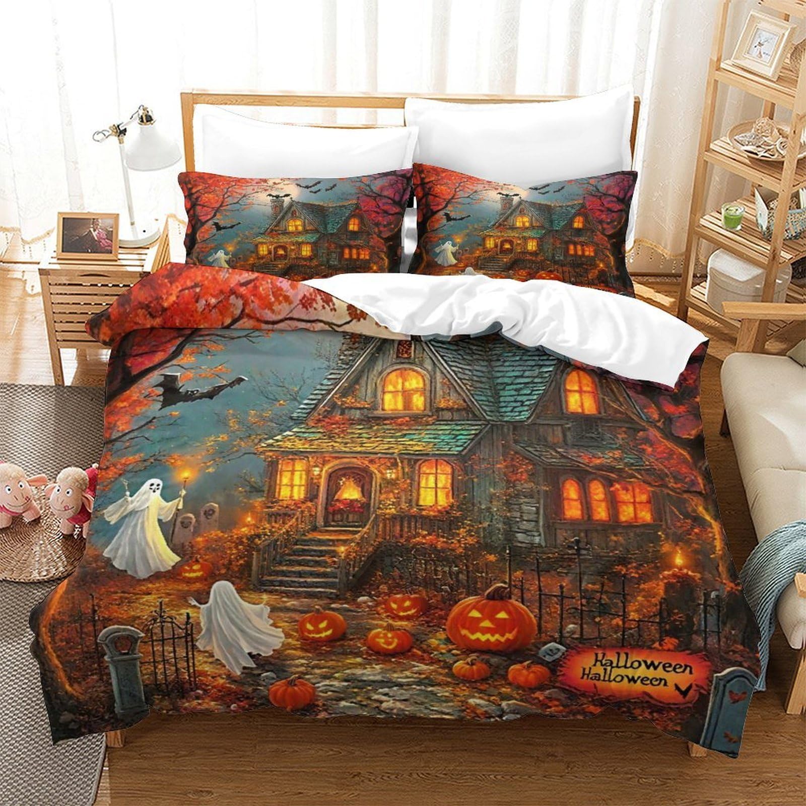 Qtivarlen Style-7 Halloween Style Duvet Cover 3 Pcs With Pillowcases Bedding Microfiber With Zipper Closure Ultrasoft Closure Breathable King（220X240cm）