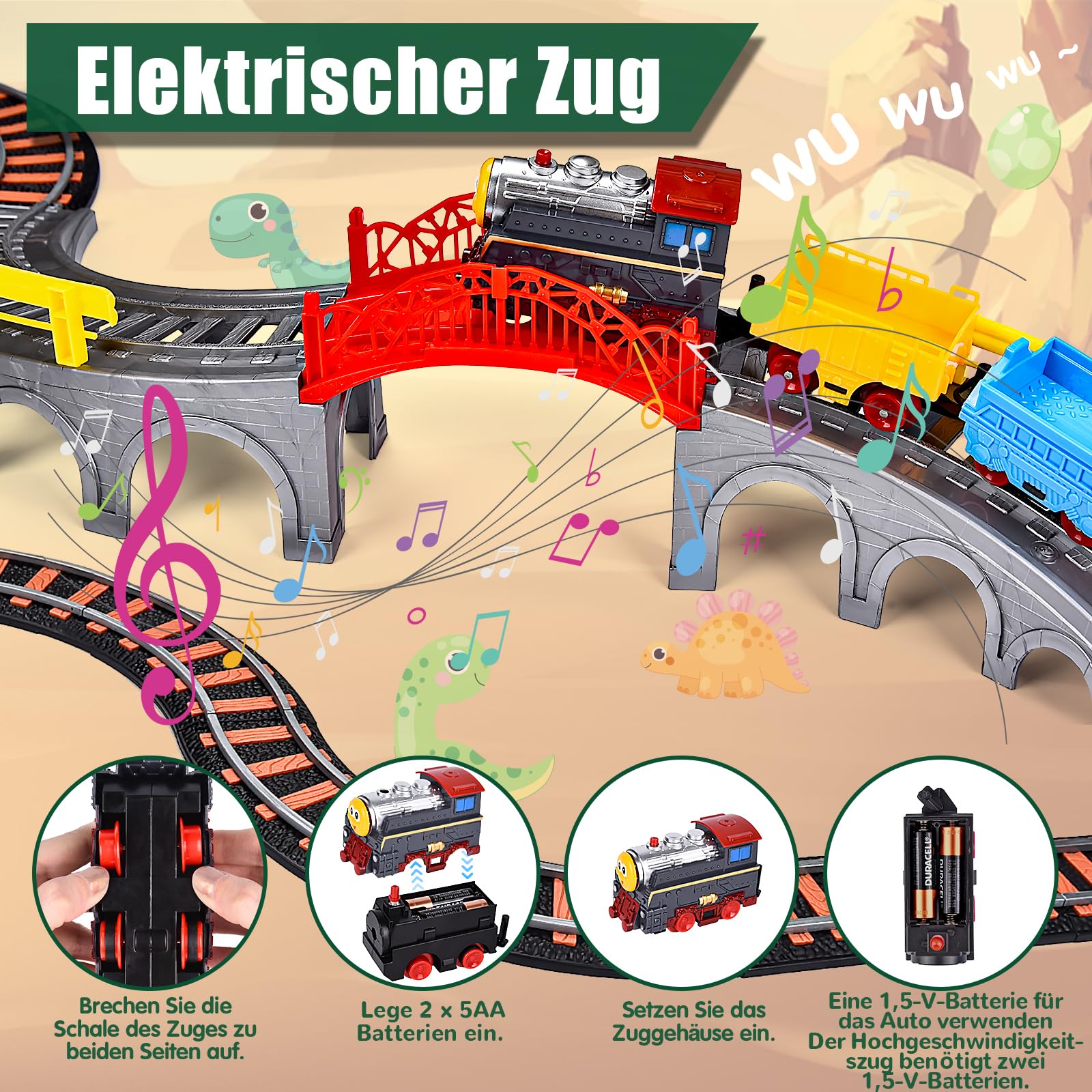 JONRRYIN Eisenbahn Elektrisch, 259 Stück Dinosaurier Elektrische Zug, Eisenbahnschiene Spielzeug mit Zug und Autobahnautos, Autorennbahn Dino Eisenbahn Set für Kinder Ab 2-7 Jahren