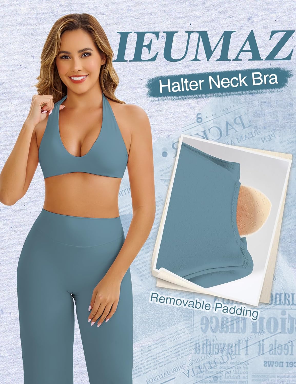 Halter Sports Bras for Women Minimal Deep V Neck Open Back Wireless Workout Gym Yoga Bra - Image 2