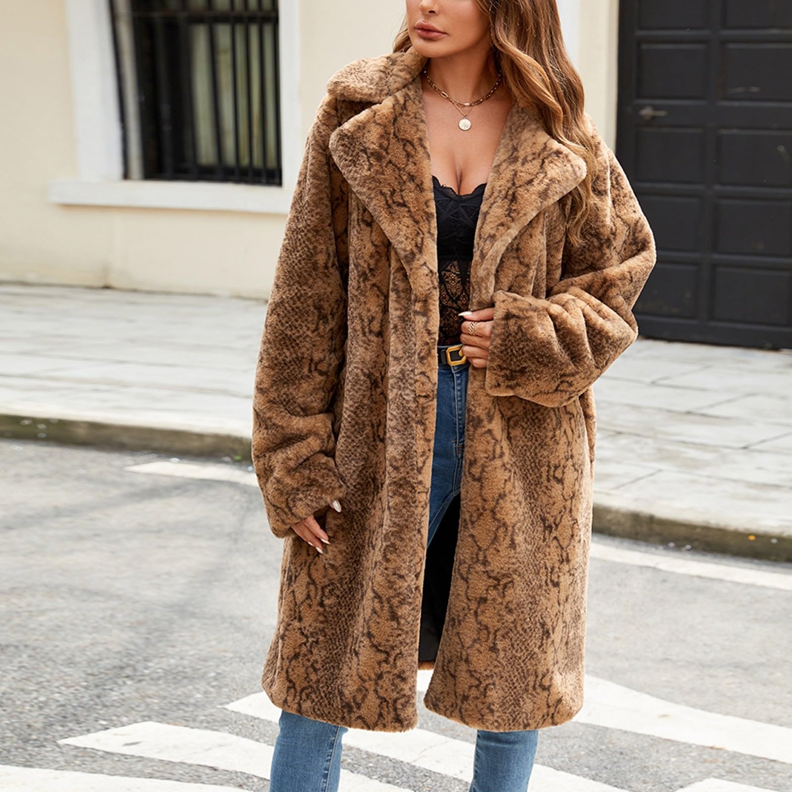 Generisch Giacca invernale da donna, cappotto caldo, lungo, elegante, trench risvolti, spesso cappotto invernale, soffice giacca termica in pile, giacca di peluche aperta, per le mezze stagioni