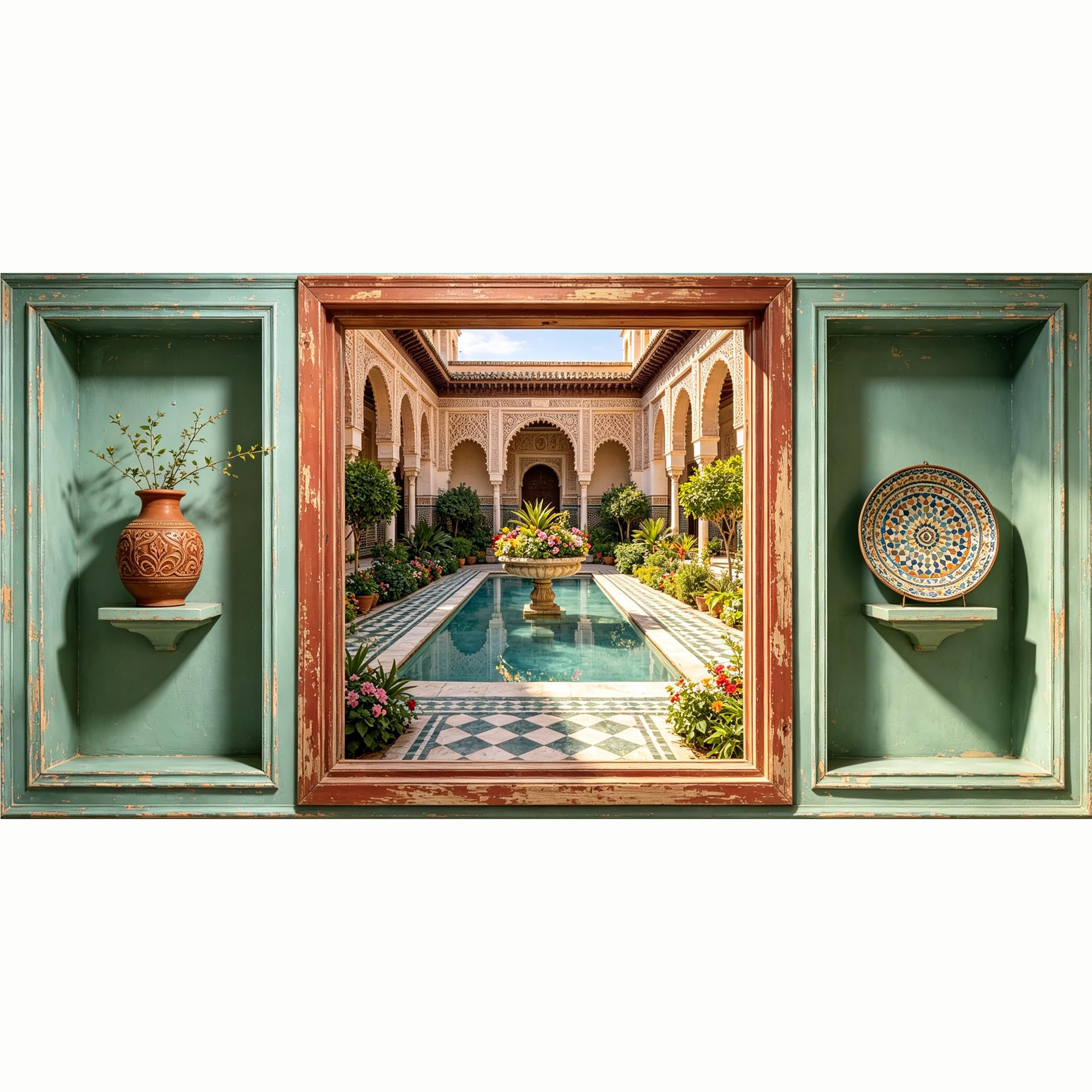 QZLITHOTIC 50x100cm 3D Framed Wall Art， Moroccan Garden Courtyard Fountain Self‑Adhesive Mural， Water‑Activated Peel & Stick Fabric Decor Wall Decal for Bedroom Living Room