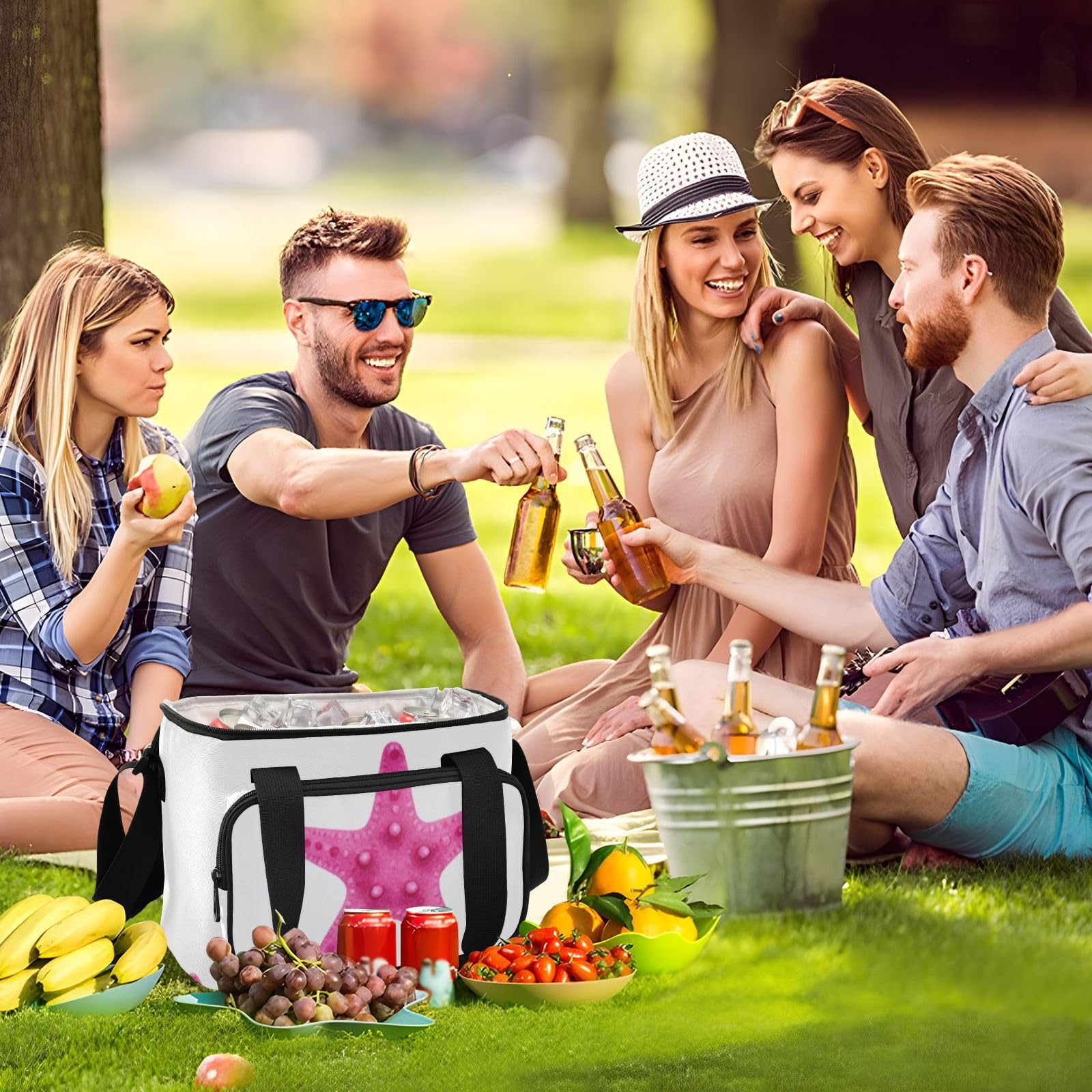 Wudan Blush starfishes Shell Coastal handheld cooler tote 600D Oxford Fabric Potluck Party Office Workers