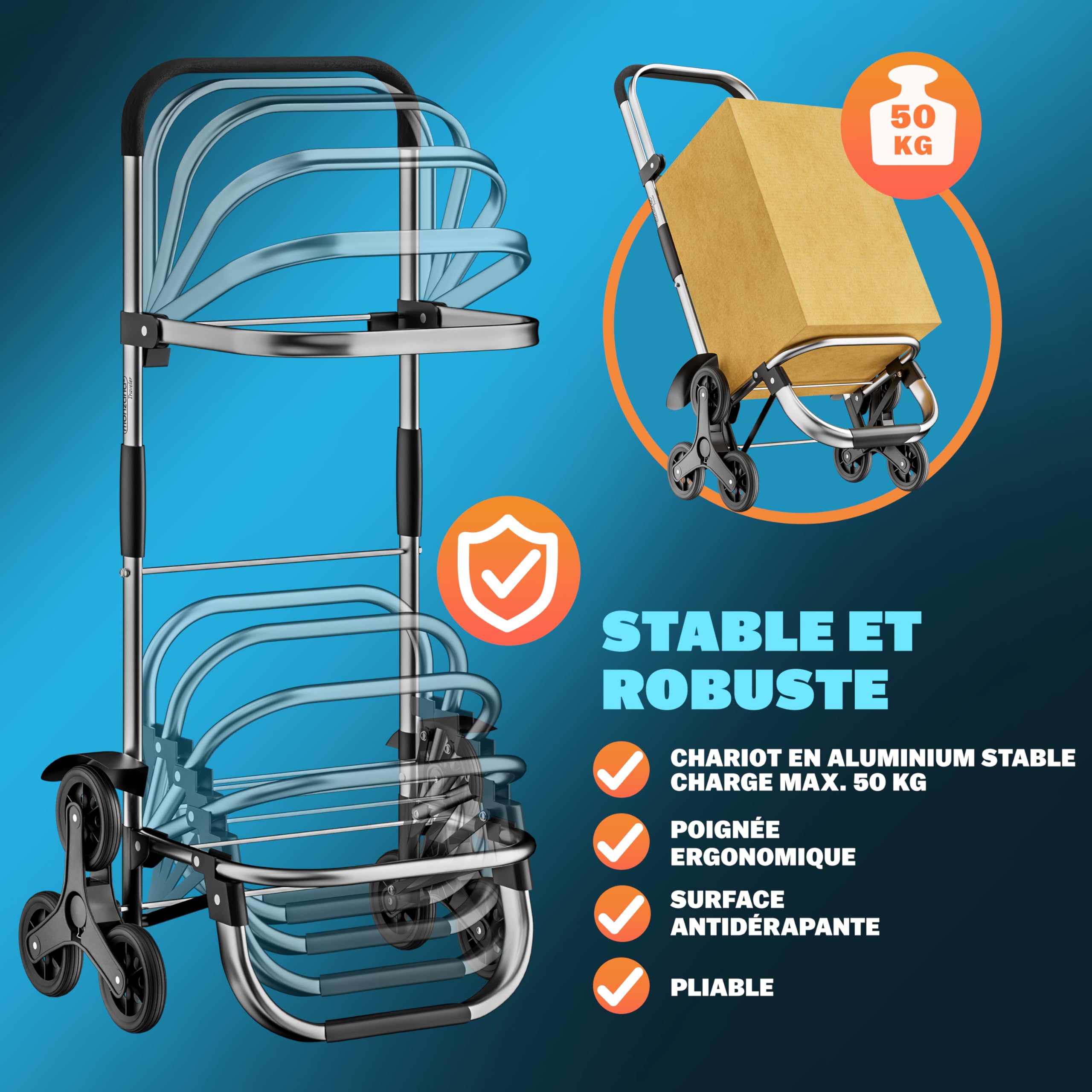 MONZANA® Chariot de courses noir 56 litres 3 en 1 pliable compartiment isotherme 6 roues bandes réfléchissantes