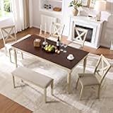 AMERLIFE 6-Piece Farmhouse Dining Table Set with 4 Upholstered Chairs and Bench, 71” Solid Wood Table, Seating for 6, for Dining Room or Kitchen, Rustic White & Walnut Finish