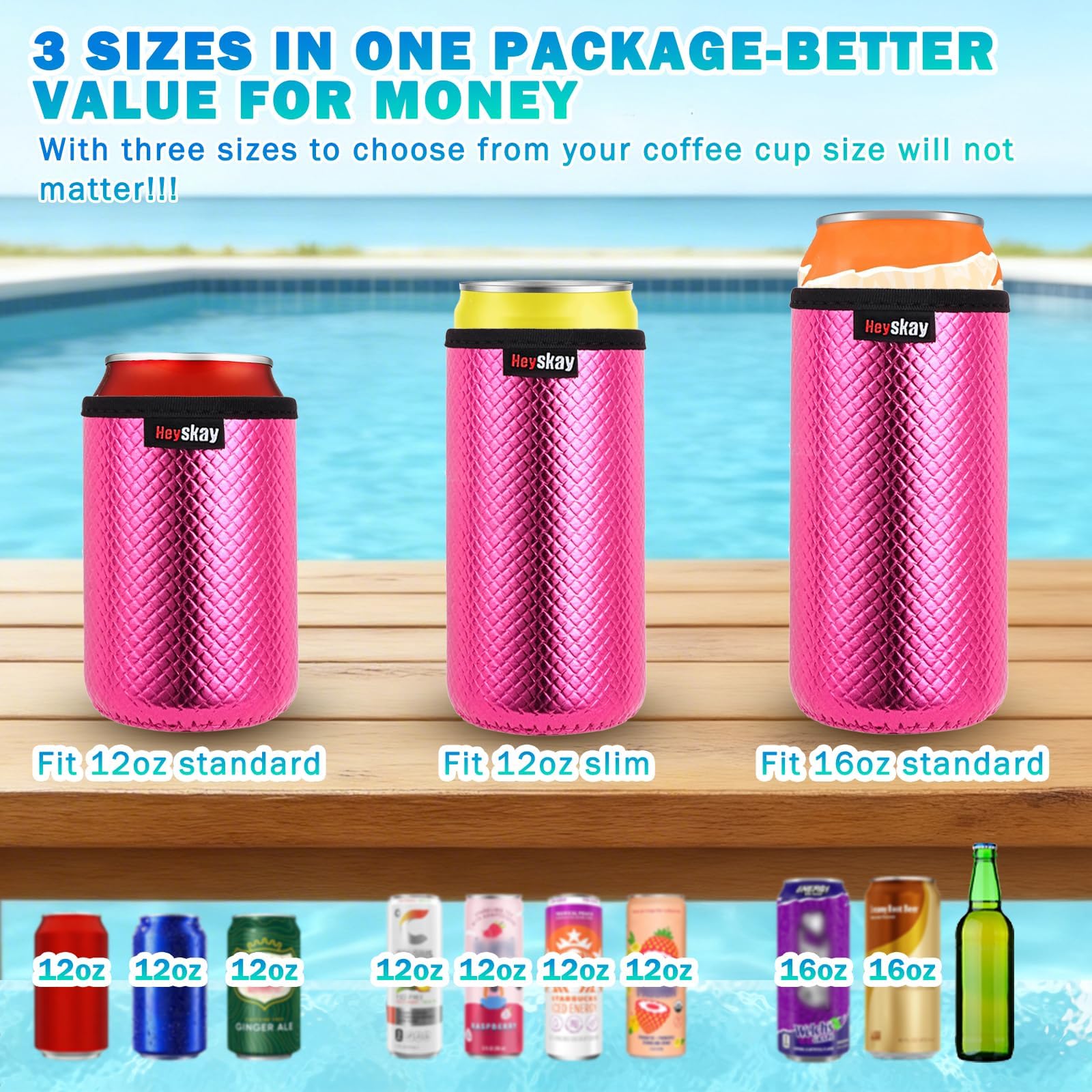 HEYSKAY Fundas para latas de 3 tamaños: 340.2 g, fundas delgadas de 12 onzas y enfriador de latas de cerveza Koozie de 16 onzas para refrescos, cerveza, agua con gas, agua con gas, garra blanca