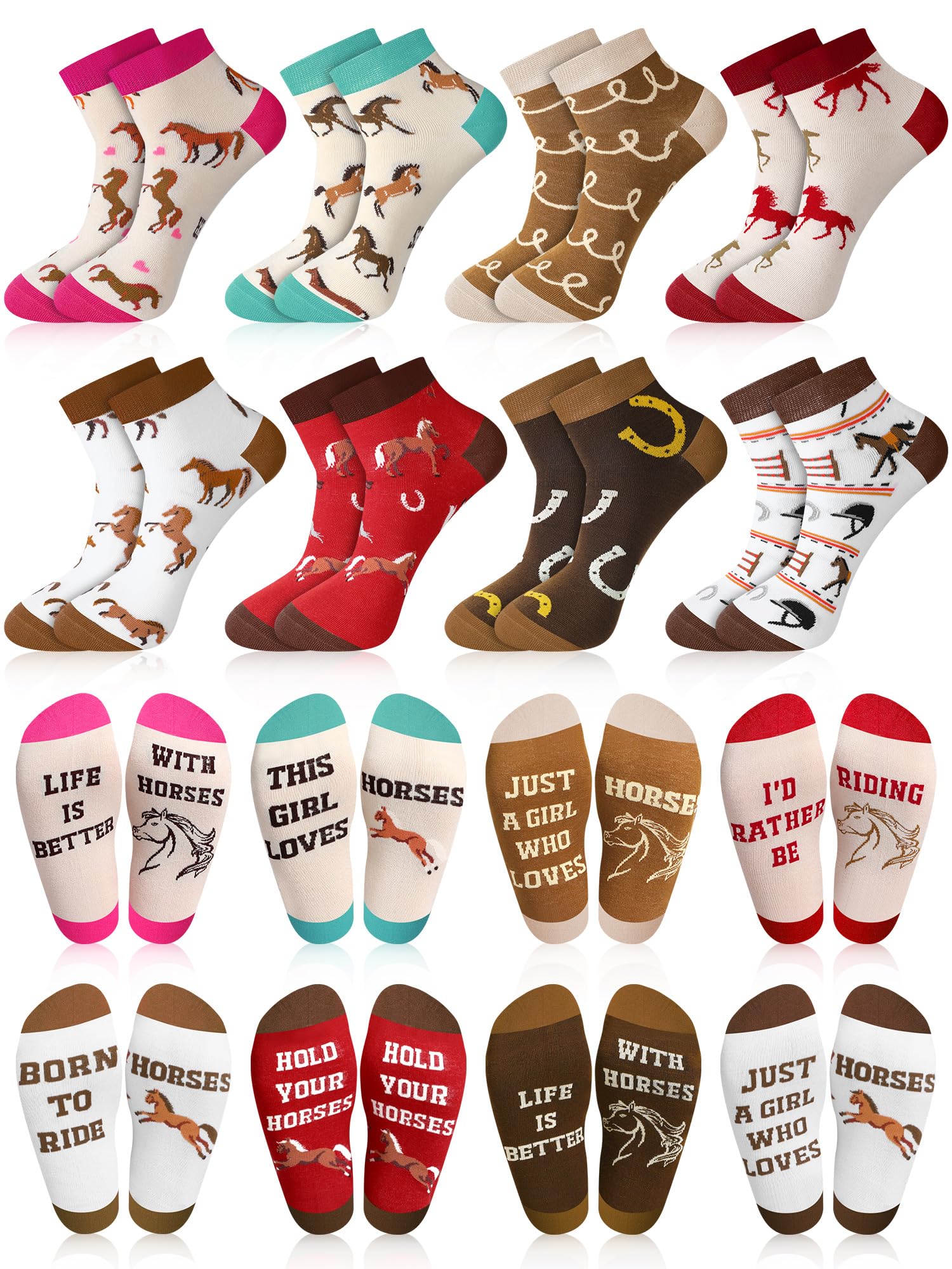 Xtinmee 8 Pairs Funny Horse Socks for Women Novelty Equestrian Ankle Socks Horse Stuff for Christmas Gift Cowgirl Western Lovers