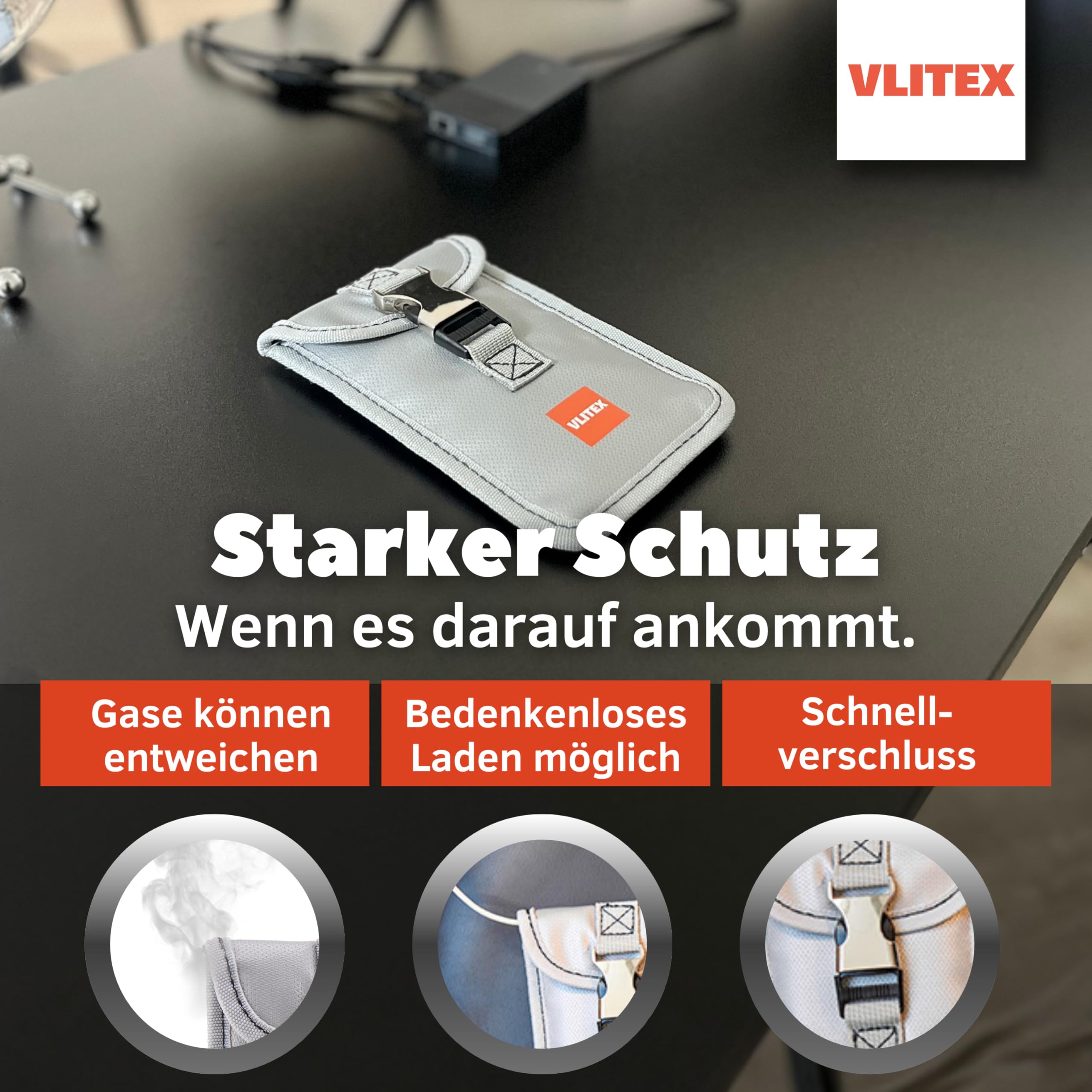 VLITEX Kleine Brandschutz Tasche | 3 Feuerfeste Lagen | Ladetasche für Handy, Powerbank, Smartwatch, Bluetooth Kopfhörer, Smartphone usw. | Lithium Ionen Akku Batterie sicher Aufladen und aufbwahren