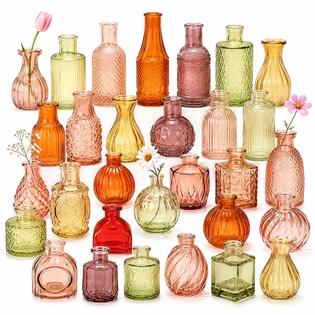 Glass Bud Vase Set of 84, Coloured Vintage Mini