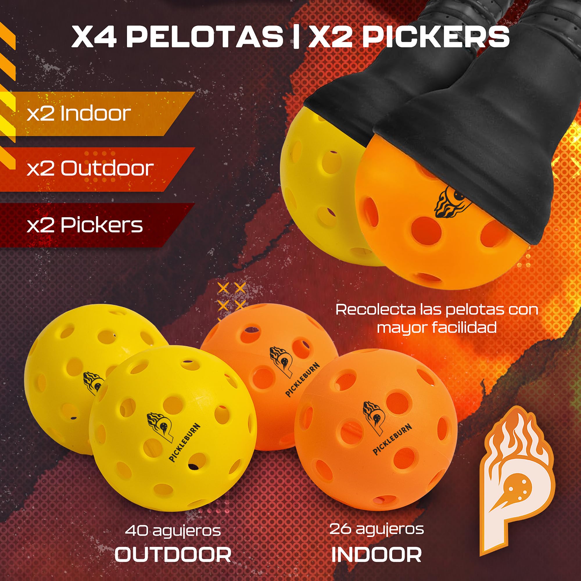 Set de Pickleball Premium Pack de 2 Palas de Pickleball de Fibra de Vidrio Reforzado 4 Bolas Interior/Exterior Mochila de Transporte 2 Overgrips 2 Pickers y Llavero Todos los Niveles