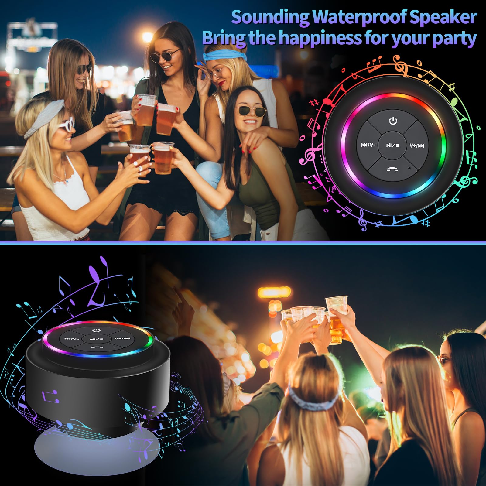 Bluetooth Duschlautsprecher, Tragbare Bluetooth Lautsprecher mit Saugnapf, IP67 Wasserdicht Lautsprecher mit LED Licht, Kabellos, Schwimmend, für Camping Strand Reisen, Geschenk für Männer